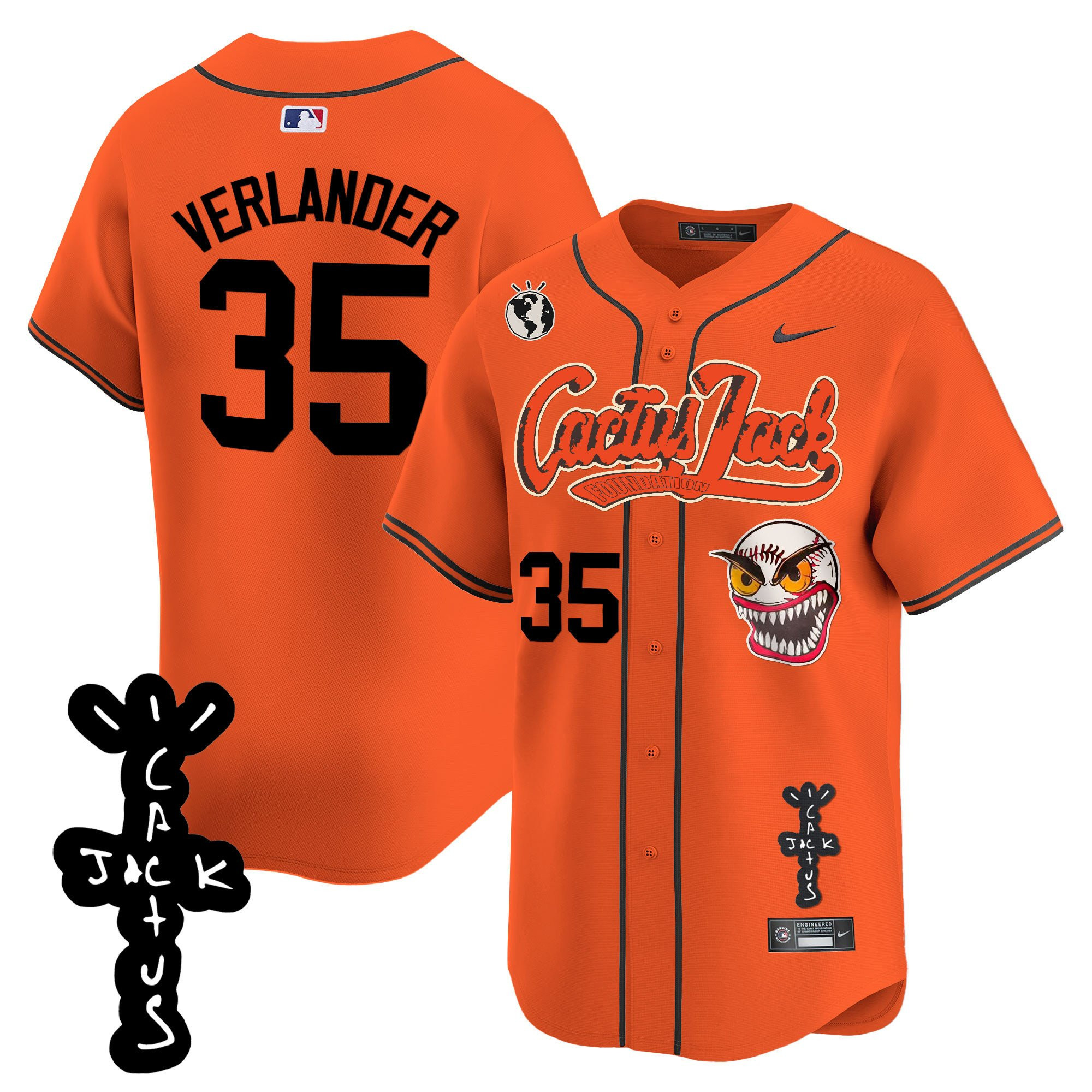 Justin Verlander 35 Houston Astros Cactus Jack Patch V2 Men Jersey - Orange