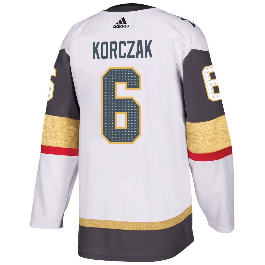 Alternative view of Kaedan Korczak 6 Vegas Golden Knights Stanley Cup 2023 Champions Patch Away Breakaway Men Jersey - White - JS928 