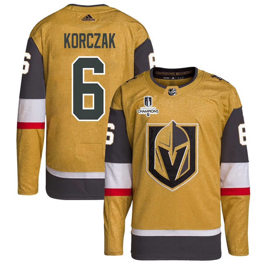 Kaedan Korczak 6 Vegas Golden Knights Stanley Cup 2023 Champions Patch Home Breakaway Men Jersey - Gold - JS884 
