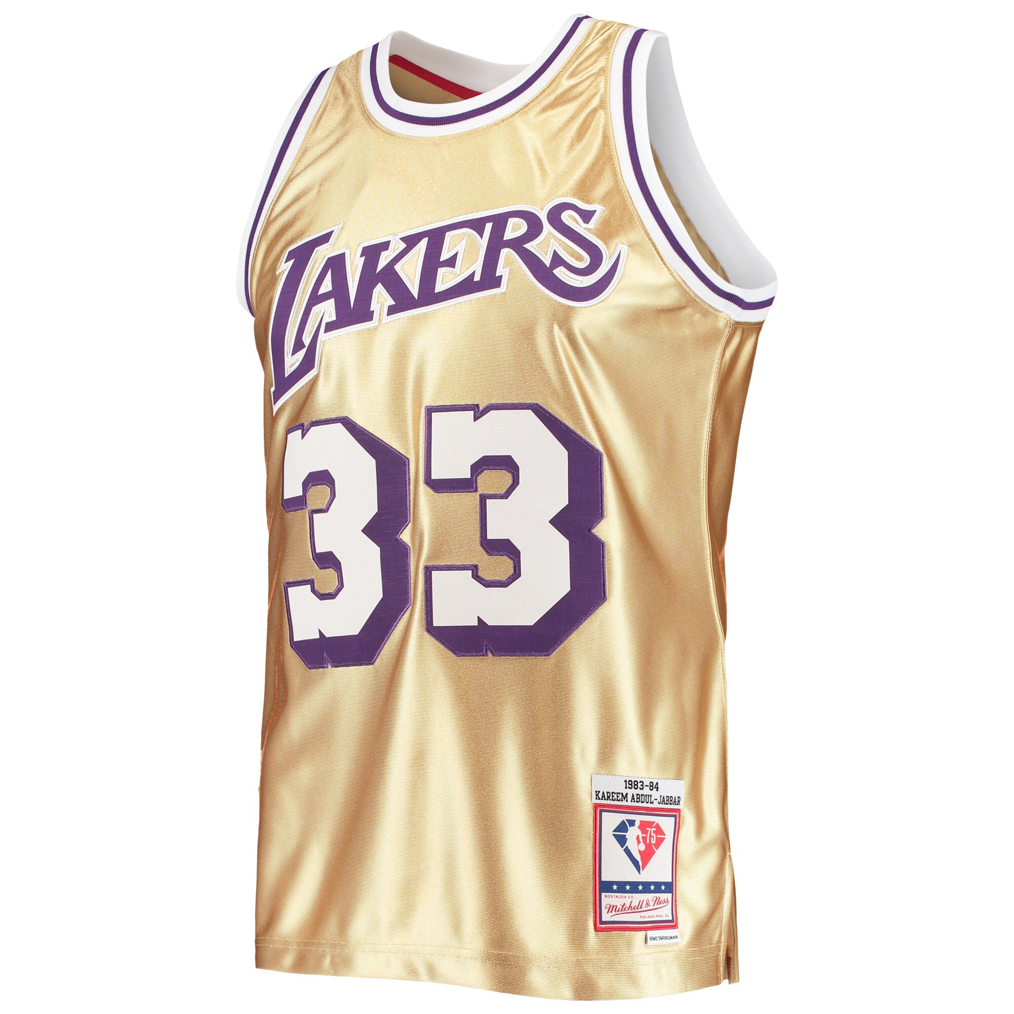 Alternative view of Kareem Abdul-jabbar Los Angeles Lakers Mitchell & Ness 75th Anniversary 1983/84 Hardwood Classics Swingman Jersey - Gold
