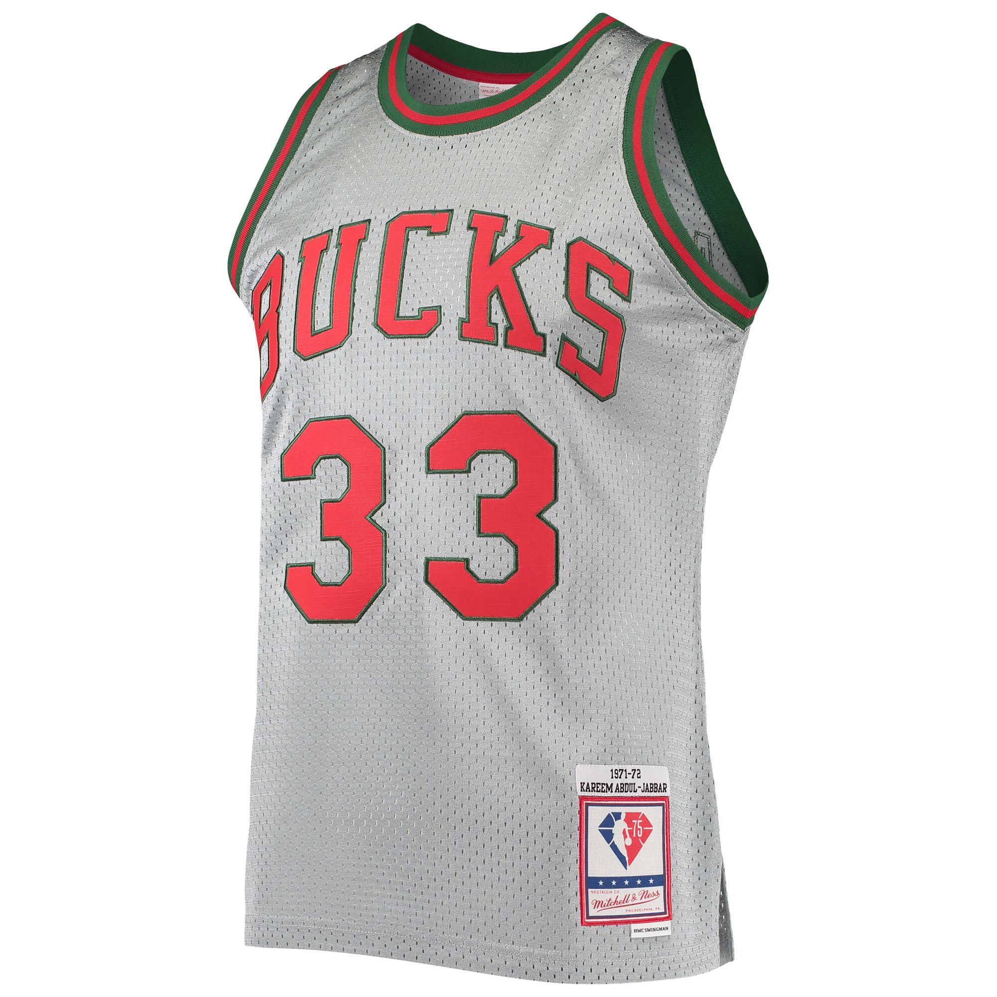 Alternative view of Kareem Abdul-jabbar Milwaukee Bucks Mitchell & Ness 75th Anniversary 1971/72 Hardwood Classics Swingman Jersey - Silver