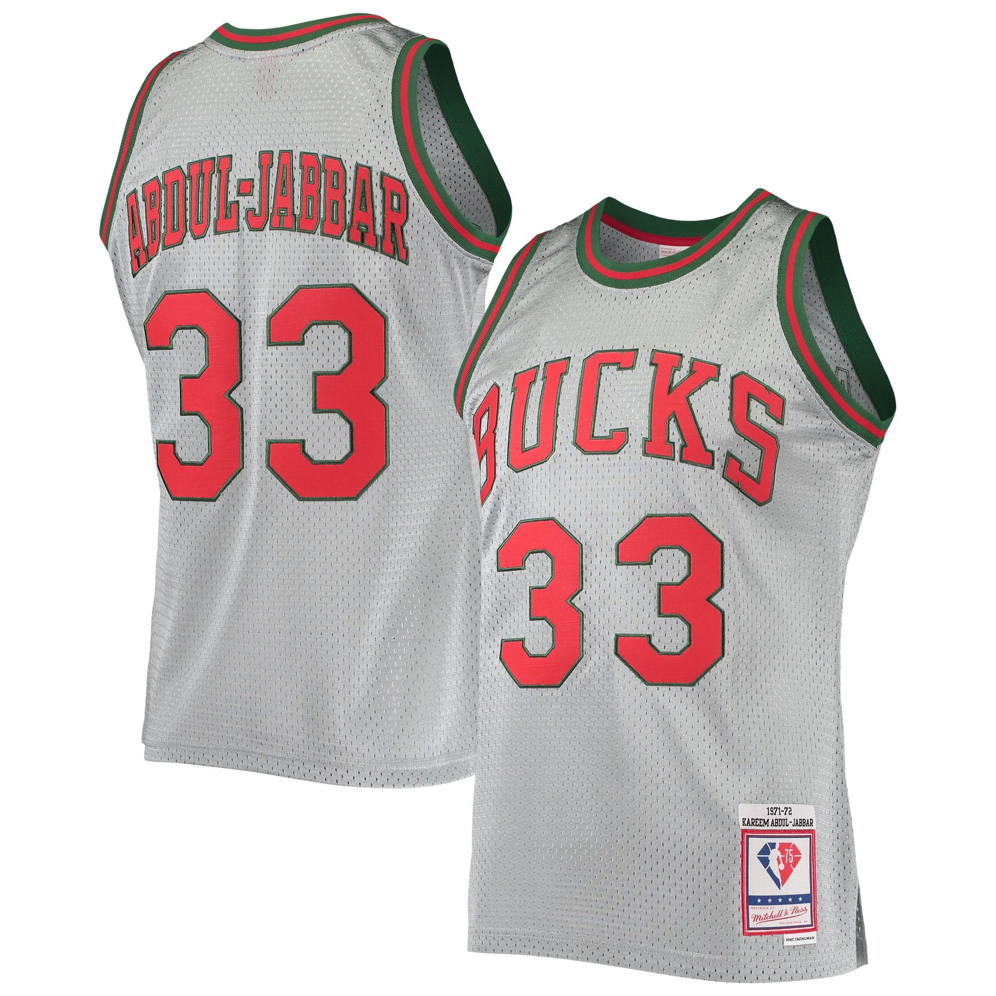 Alternative view of Kareem Abdul-jabbar Milwaukee Bucks Mitchell & Ness 75th Anniversary 1971/72 Hardwood Classics Swingman Jersey - Silver
