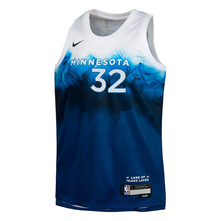 Alternative view of Karl-Anthony Towns 32 Minnesota Timberwolves 2023/24 City Edition Swingman YOUTH Jersey - Blue - JS440 