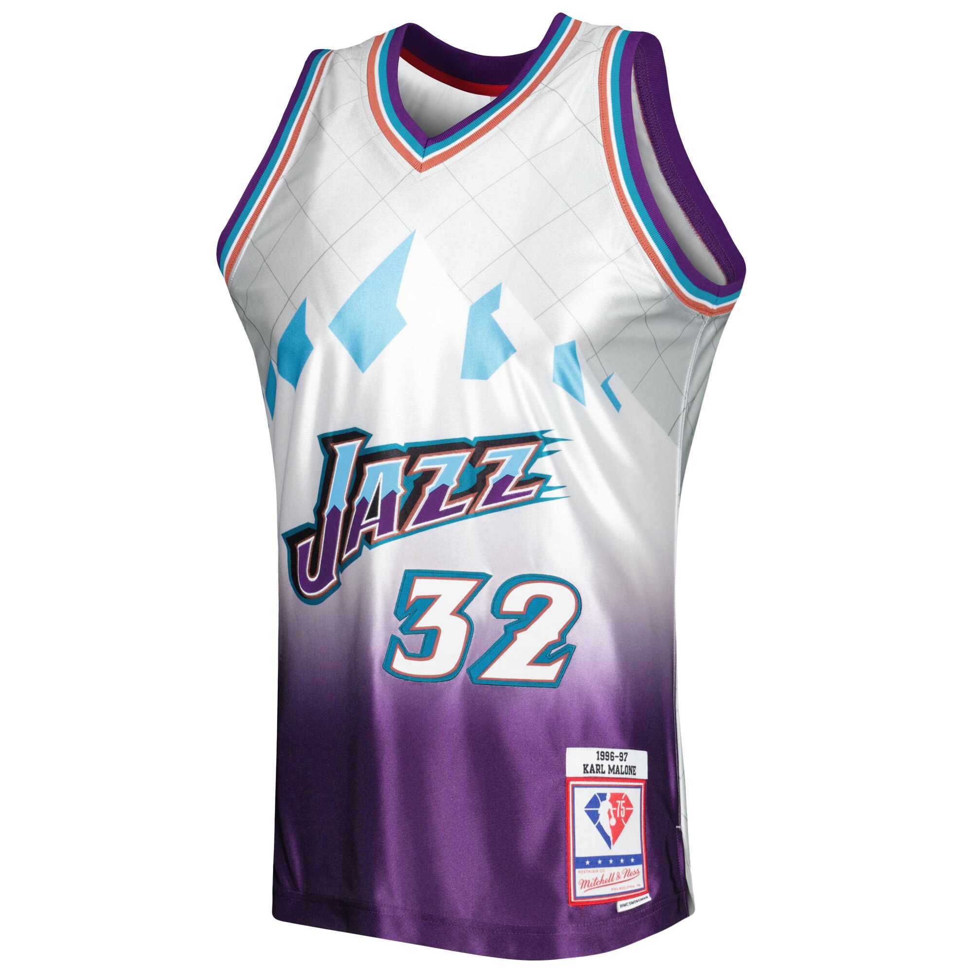 Alternative view of Karl Malone Utah Jazz Mitchell & Ness 1996/97 Hardwood Classics 75th Anniversary Swingman Jersey - Platinum