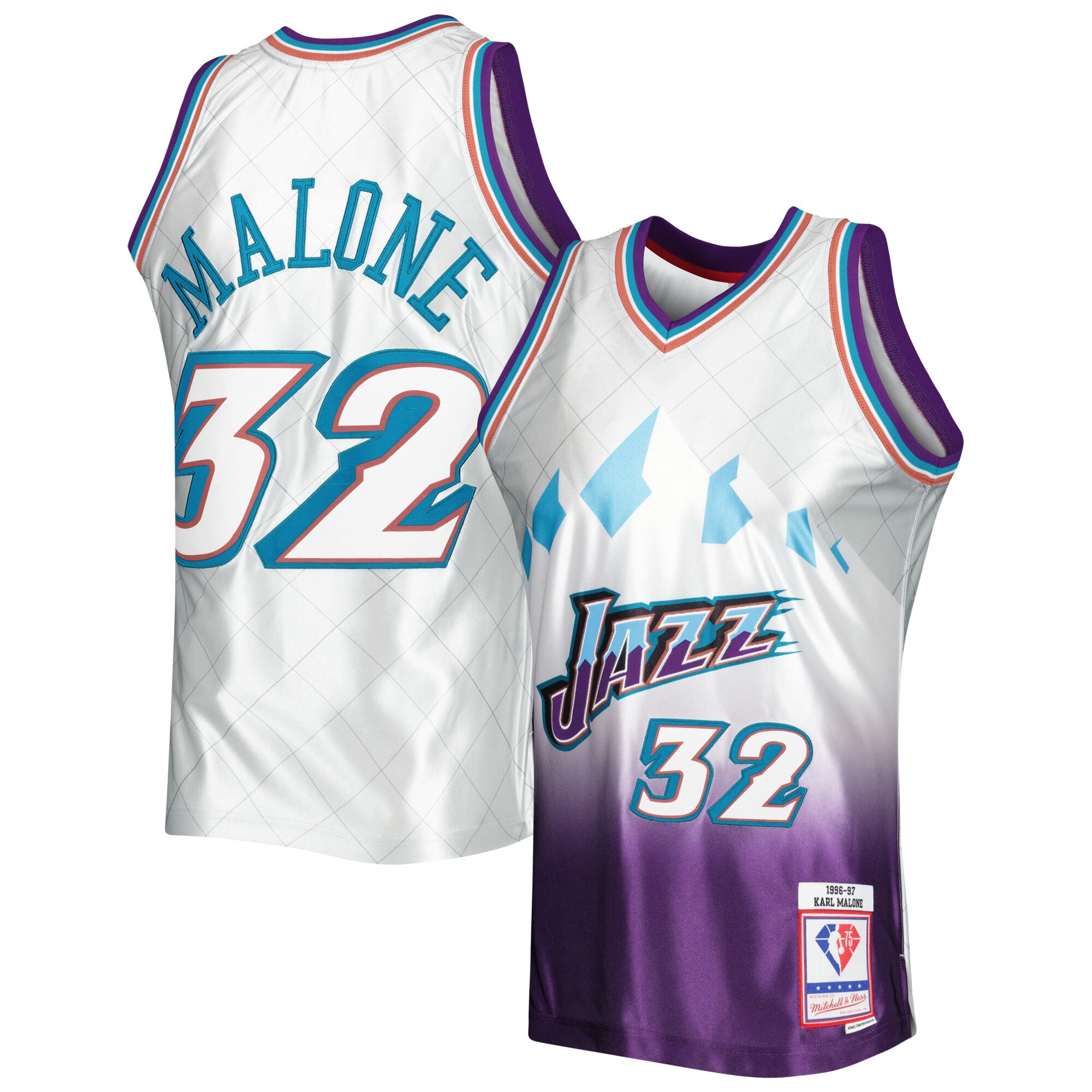 Alternative view of Karl Malone Utah Jazz Mitchell & Ness 1996/97 Hardwood Classics 75th Anniversary Swingman Jersey - Platinum