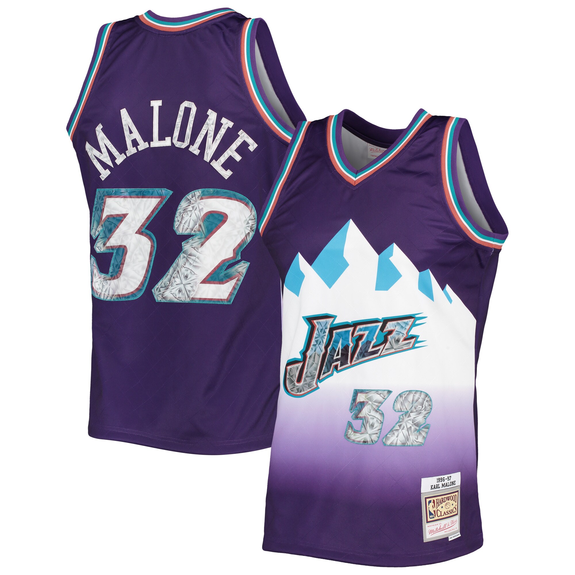 Alternative view of Karl Malone Utah Jazz Mitchell & Ness 1996-97 Hardwood Classics Nba 75th Anniversary Diamond Swingman Jersey - Purple