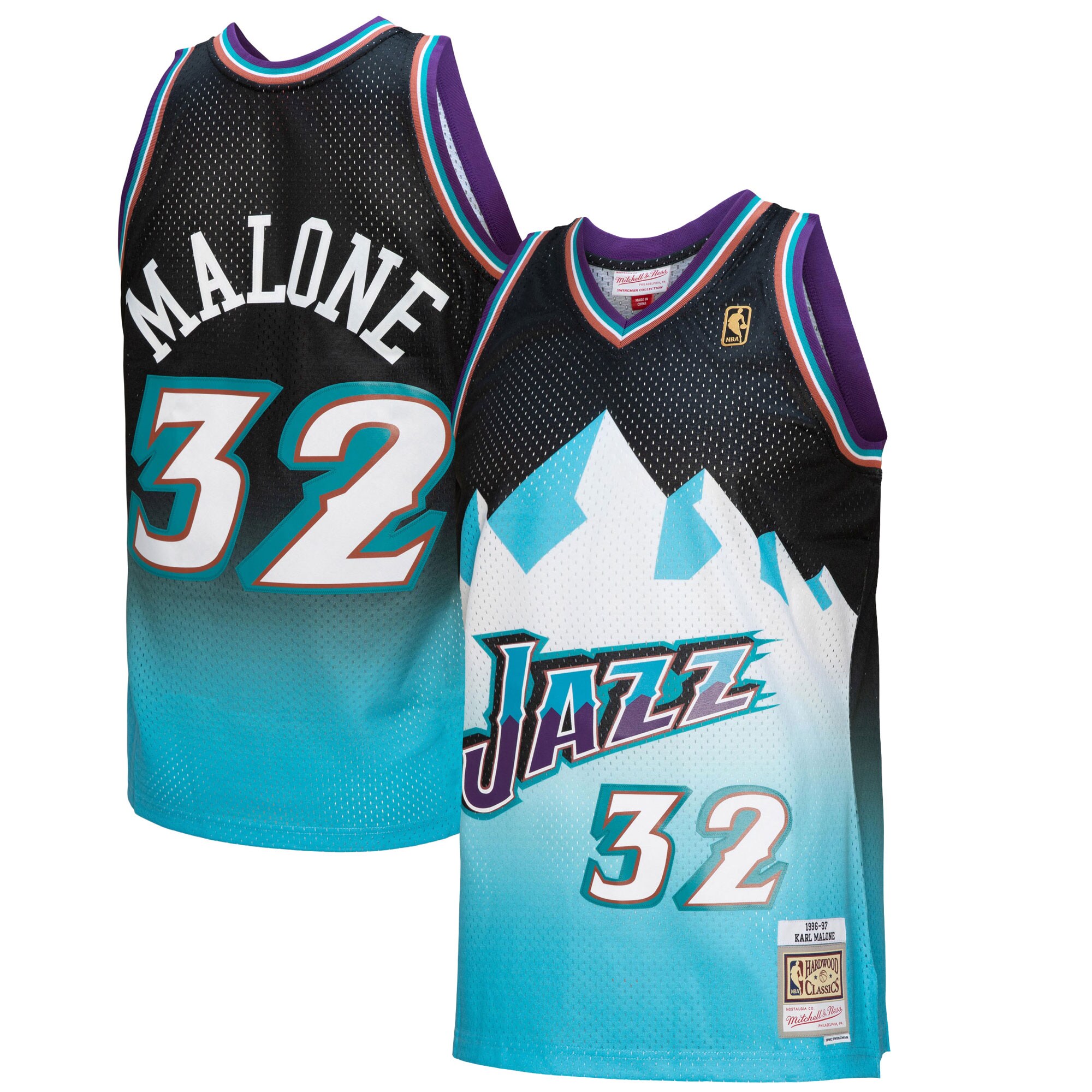 Alternative view of Karl Malone Utah Jazz Mitchell & Ness 1996/97 Hardwood Classics Fadeaway Swingman Player Jersey - Black/light Blue