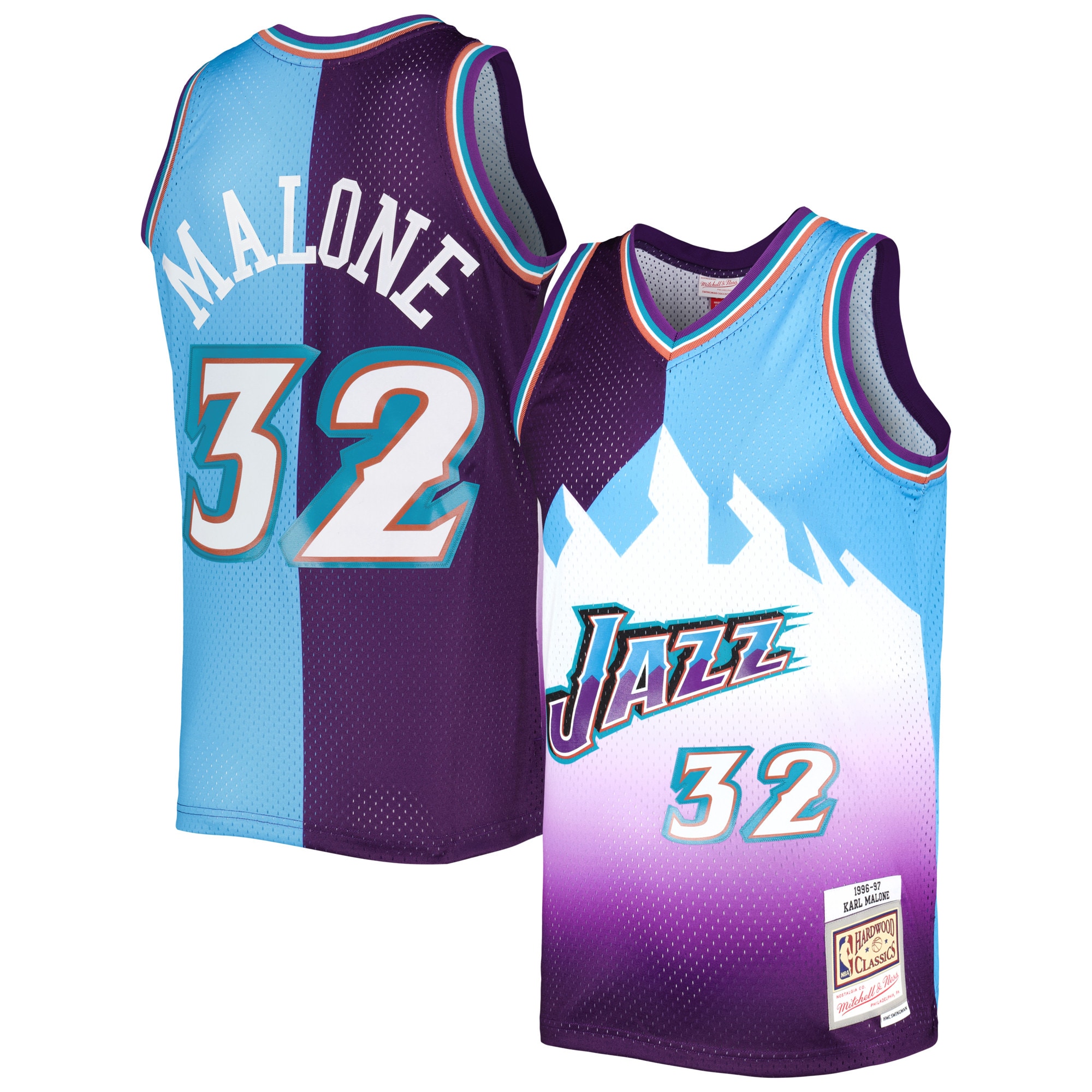 Karl Malone Utah Jazz Mitchell & Ness Hardwood Classics 1996/97 Split Swingman Jersey - Purple/turquoise