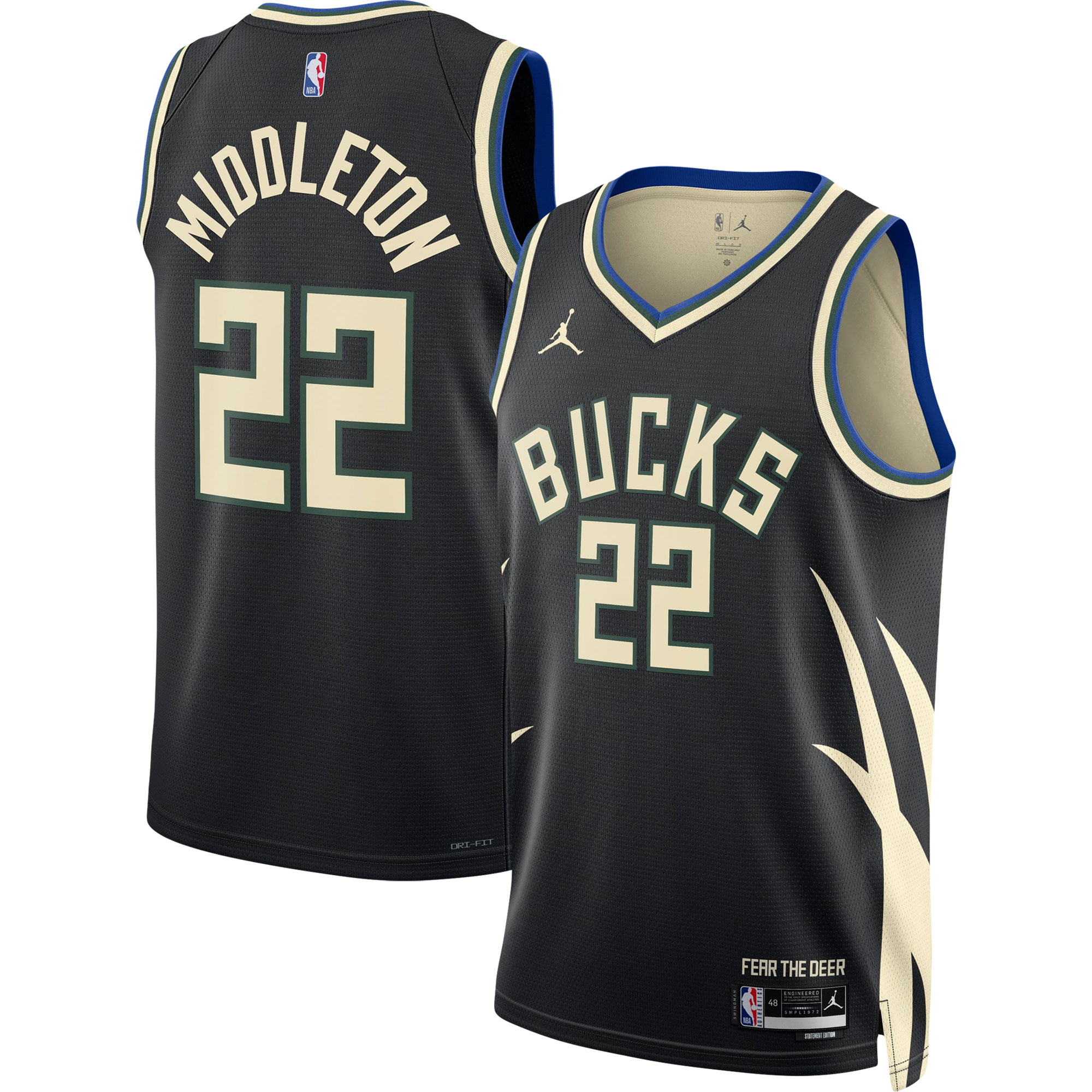 Alternative view of Khris Middleton 2022/23 Milwaukee Bucks Jordan Brand Unisex Swingman Jersey - Statement Edition - Black