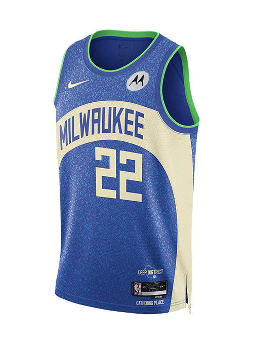 Alternative view of Khris Middleton 22 Milwaukee Bucks 2023/24 Swingman Jersey - City Edition - Unisex Blue - JS187 
