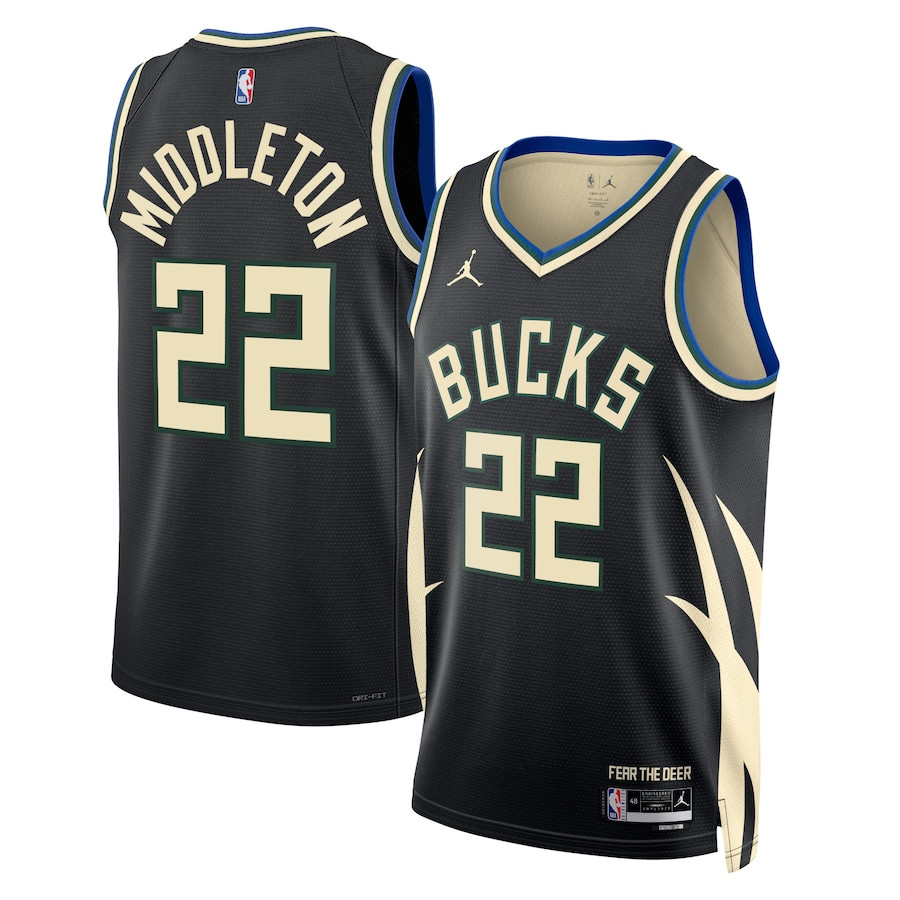 Khris Middleton 22 Milwaukee Bucks Unisex Swingman Jersey - Statement Edition - Black - JS395 