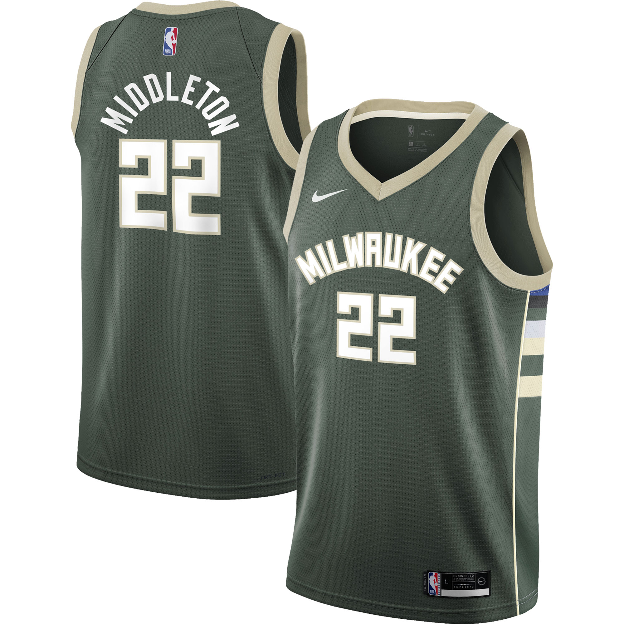 Alternative view of Khris Middleton Milwaukee Bucks Youth 2021/22 Swingman Jersey - Icon Edition - Hunter Green