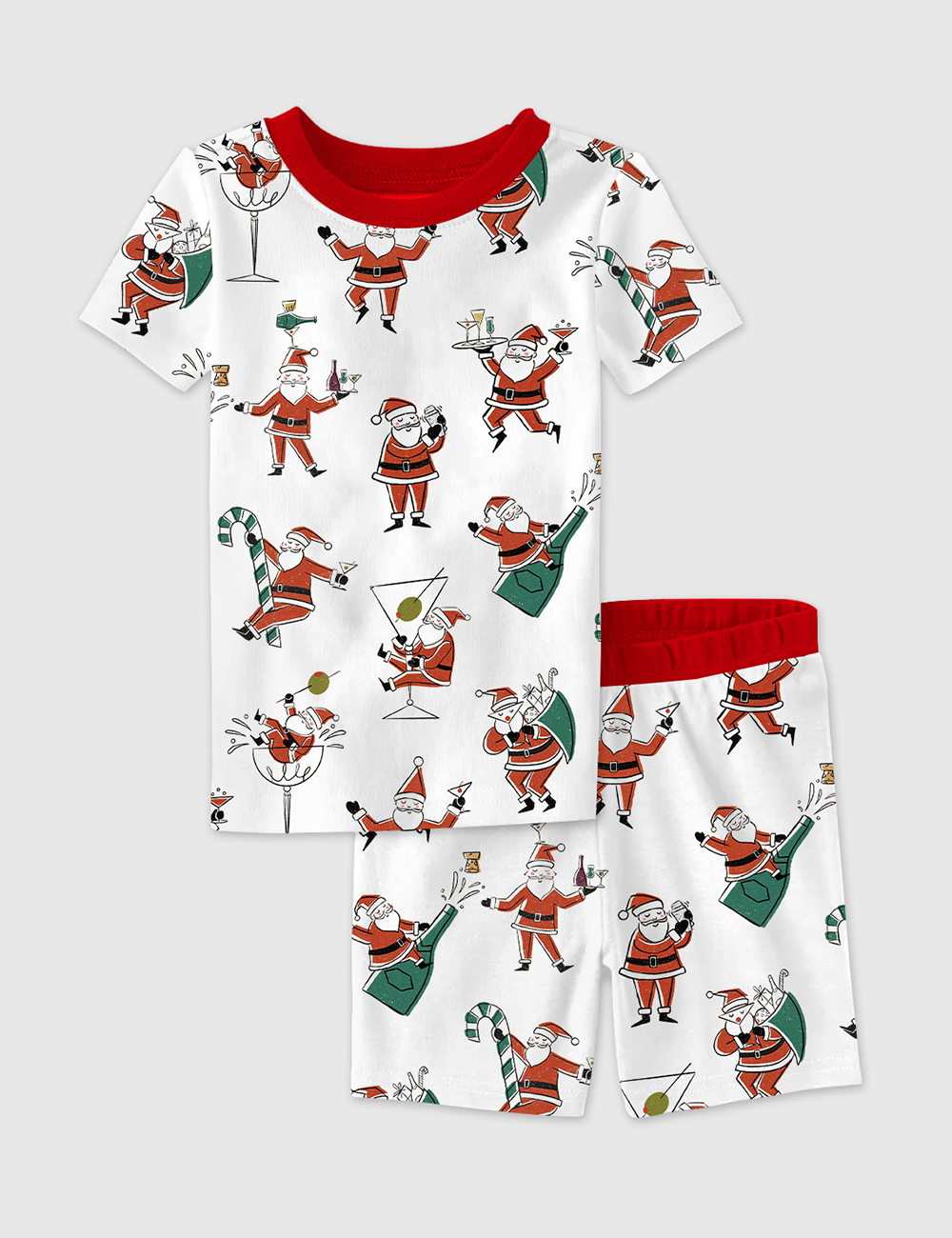 Kid's Christmas Santa Martini Cocktail Mid Century Modern Cocktail Short Sleeve Pajama Set