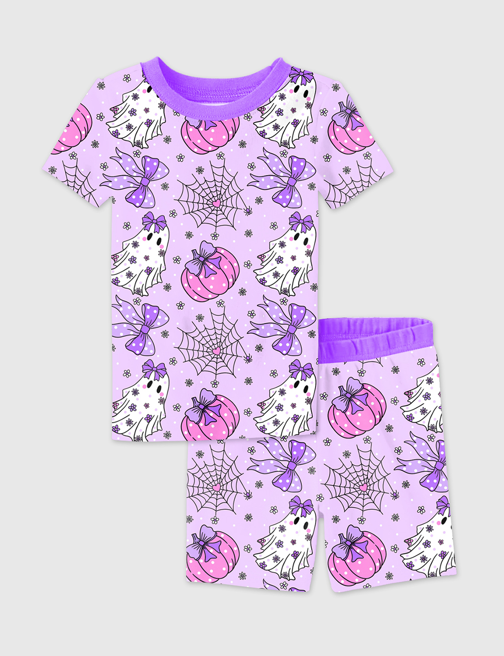 Kid's Coquette Halloween Cute Ghosts Pumpkins Spiderweb And Bows Short Sleeve Pajama Set