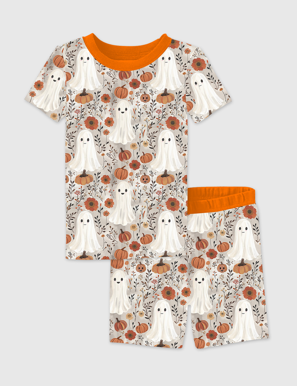 Kid's Cute Ghosts And Pumpkins Halloween Short Sleeve Pajama Set