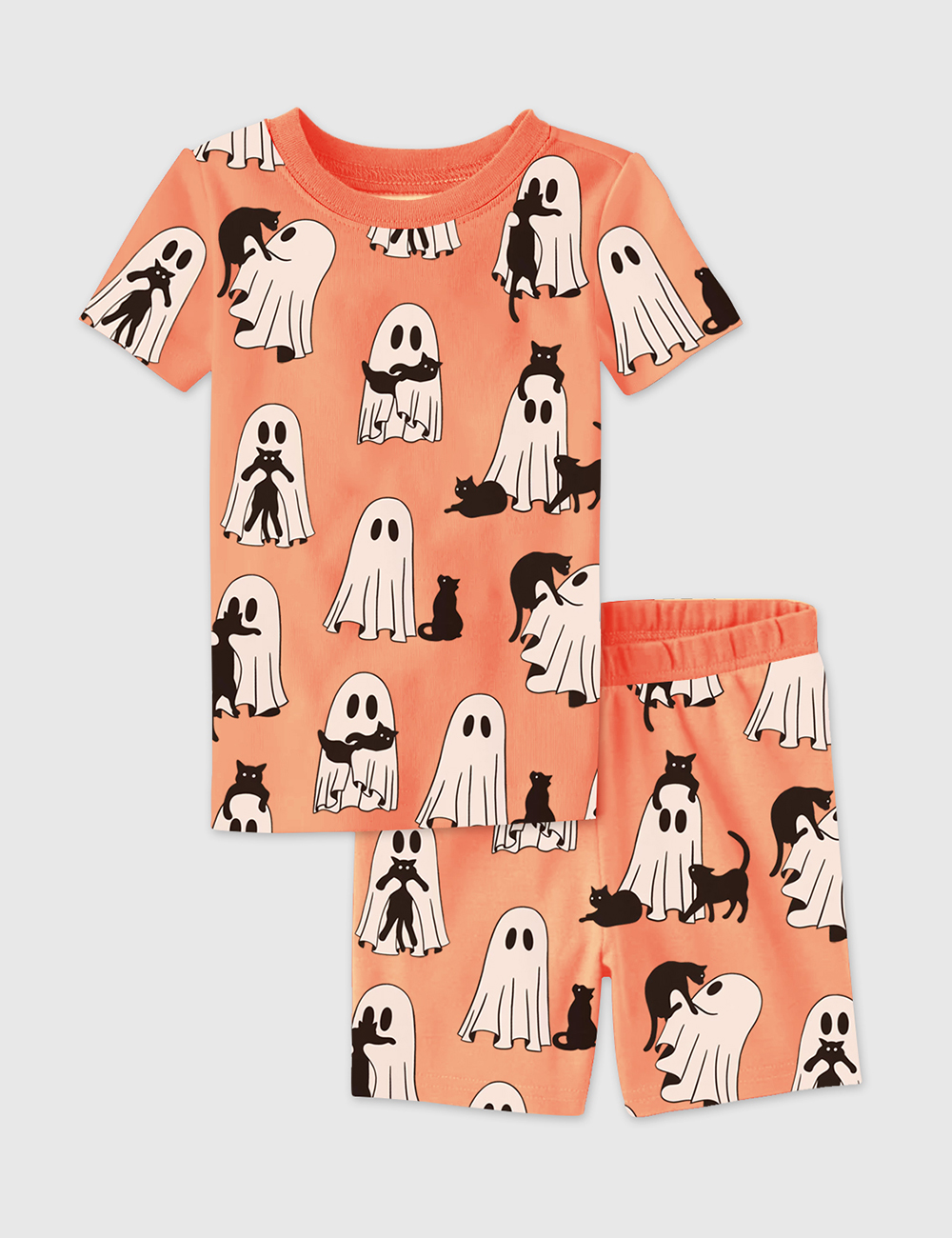 Kid's Ghost Cat Retro Ghost Halloween Spooky Season Short Sleeve Pajama Set