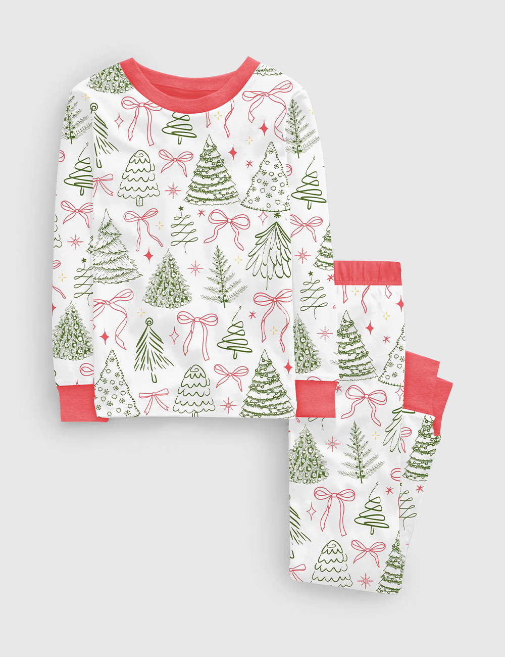 Kid's Preppy Christmas Tree Vintage Coquette Bow Long Sleeve Pajama Set