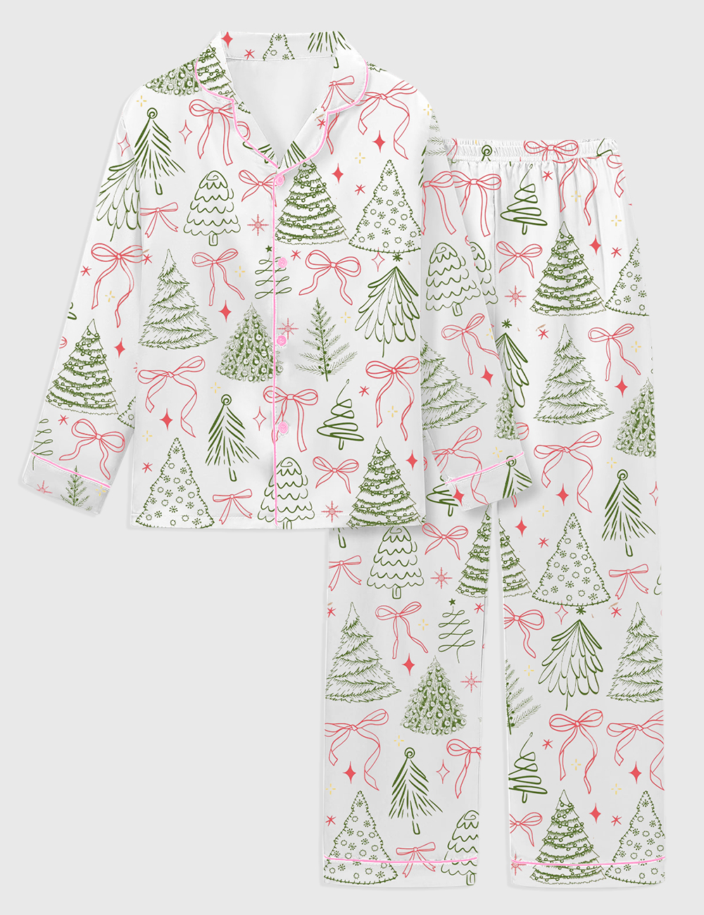 Kid's Preppy Christmas Tree Vintage Coquette Bow Long Sleeve Satin Pajama Set