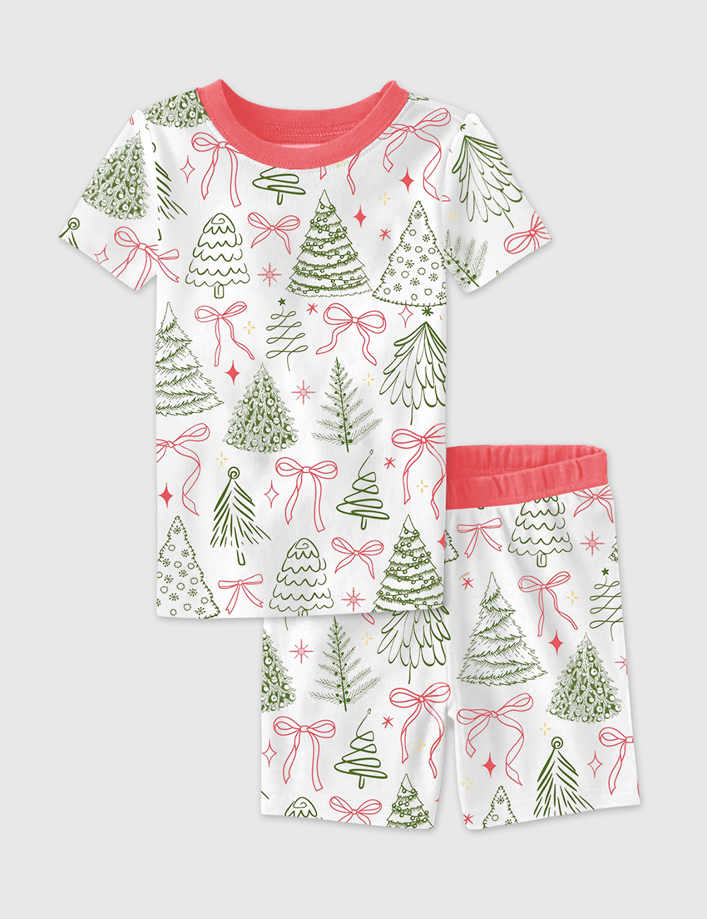 Kid's Preppy Christmas Tree Vintage Coquette Bow Short Sleeve Pajama Set