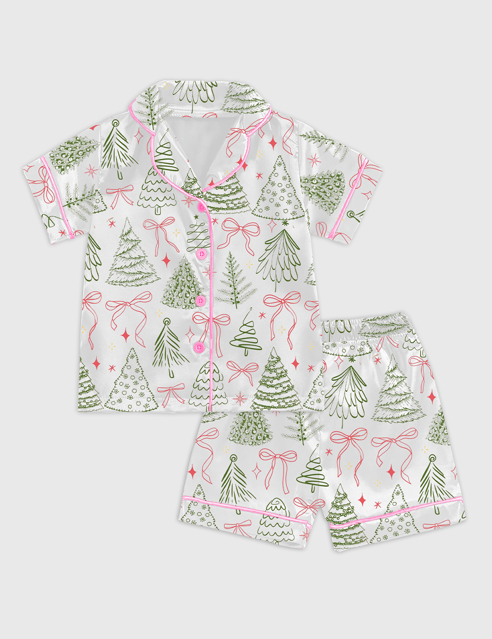 Kid's Preppy Christmas Tree Vintage Coquette Bow Short Sleeve Satin Pajama Set