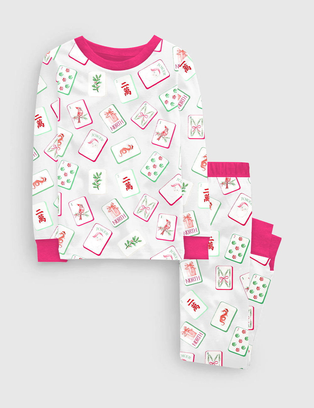 Kid's Watercolor Chinoiserie Millennial Mahjong Christmas Santa Party Long Sleeve Pajama Set