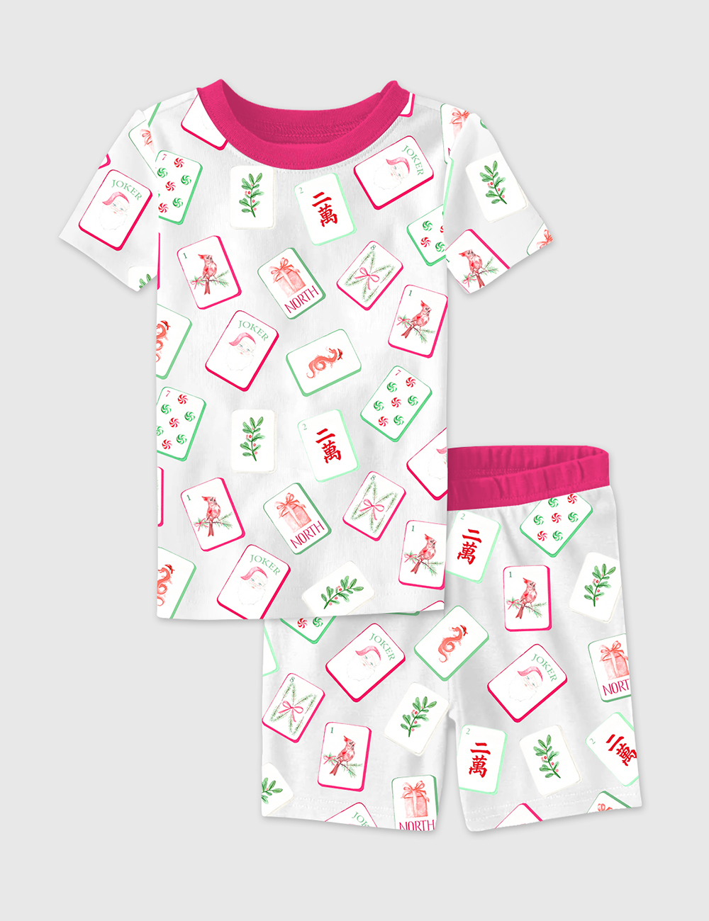 Kid's Watercolor Chinoiserie Millennial Mahjong Christmas Santa Party Short Sleeve Pajama Set
