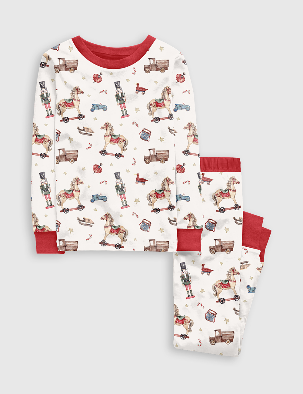 Kid's Watercolor Vintage Christmas Toys Winter Holiday Christmas Nutcracker Print Long Sleeve Pajama Set