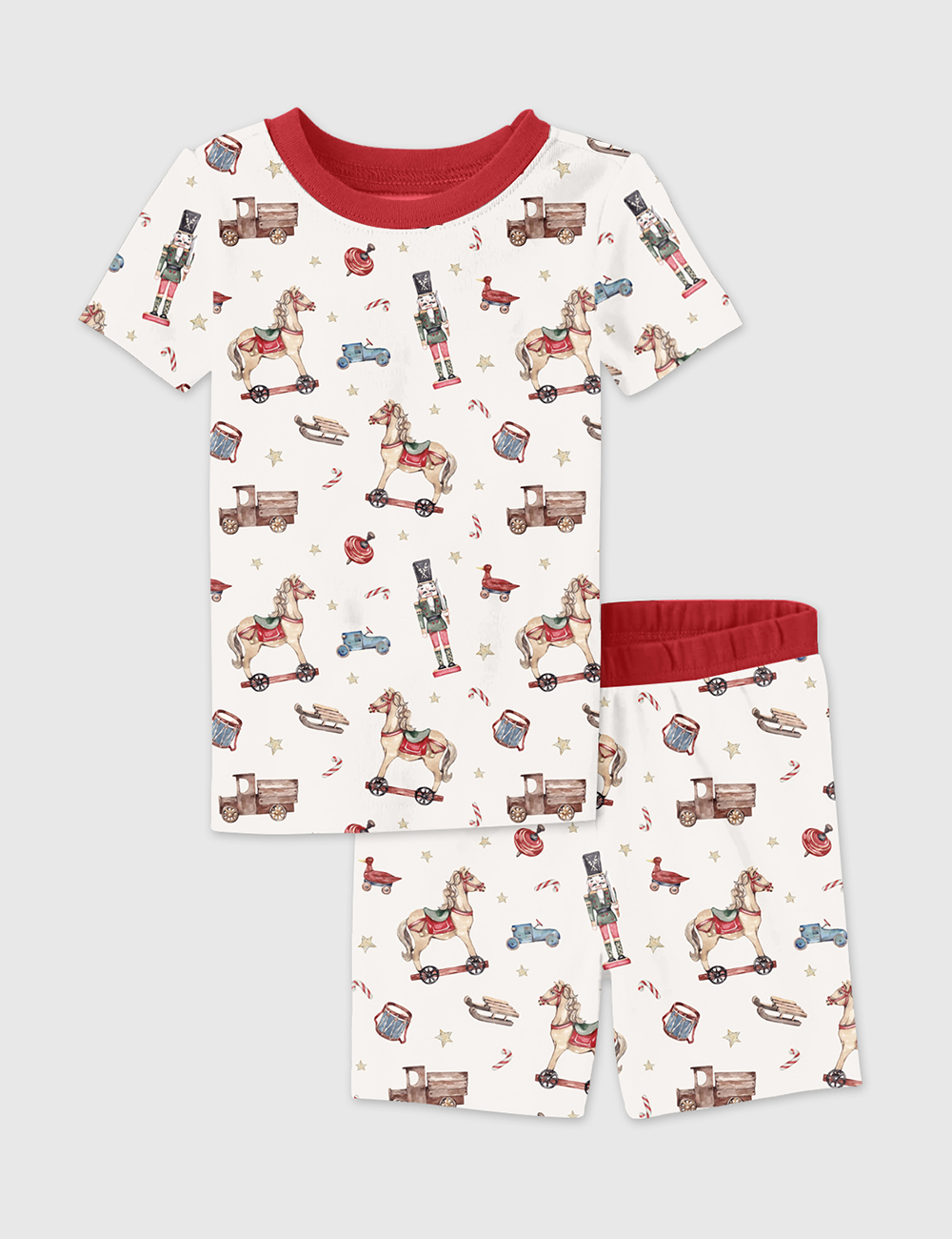 Kid's Watercolor Vintage Christmas Toys Winter Holiday Christmas Nutcracker Print Short Sleeve Pajama Set