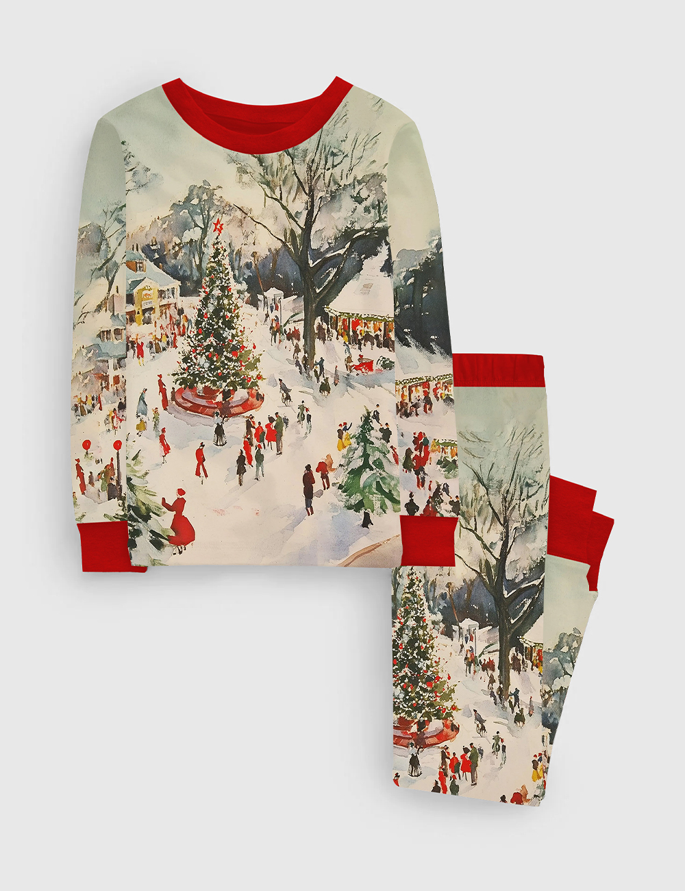 Kid's Winter Town Square Art Print Festive Christmas Scene Long Sleeve Pajama Set