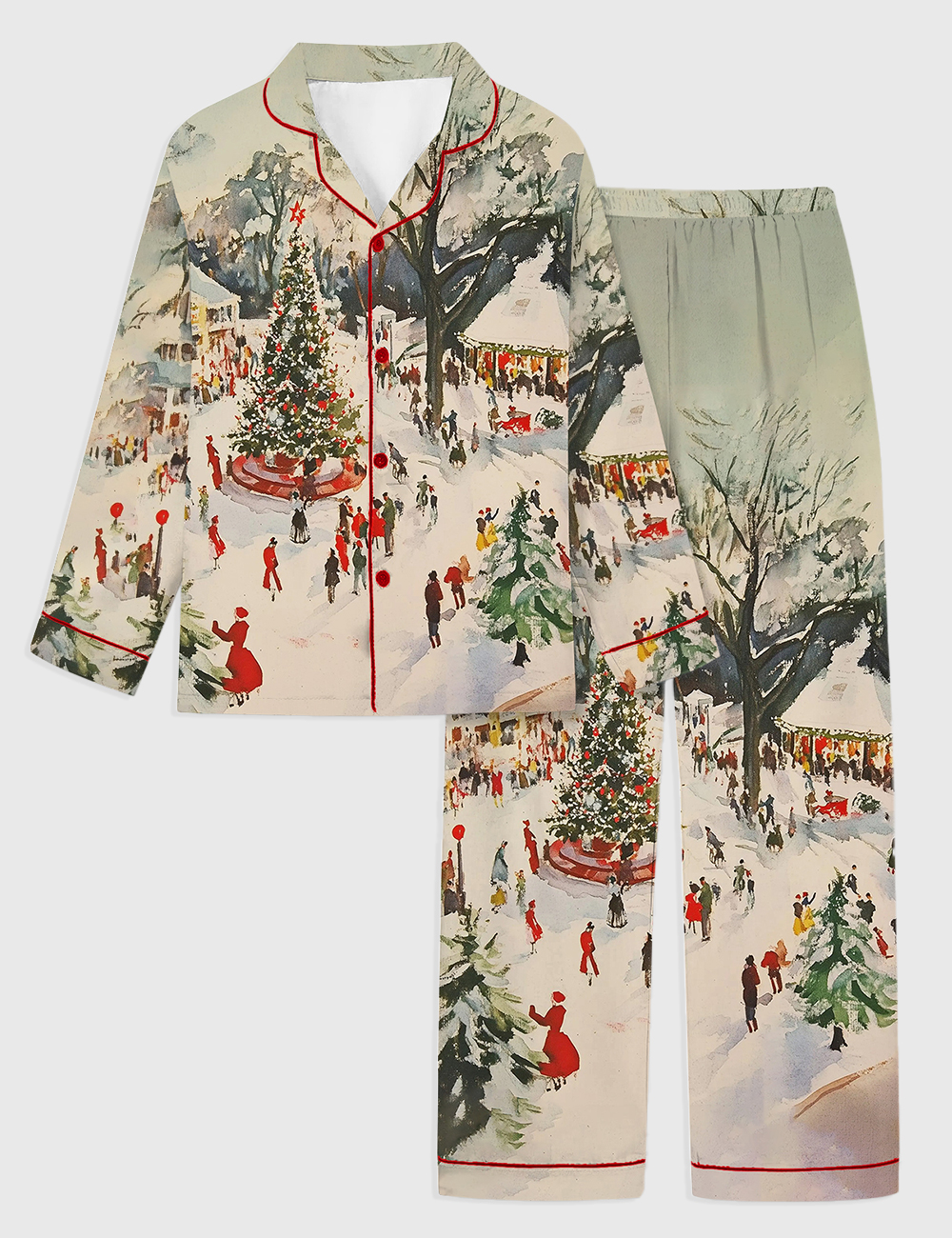 Kid's Winter Town Square Art Print Festive Christmas Scene Long Sleeve Satin Pajama Set