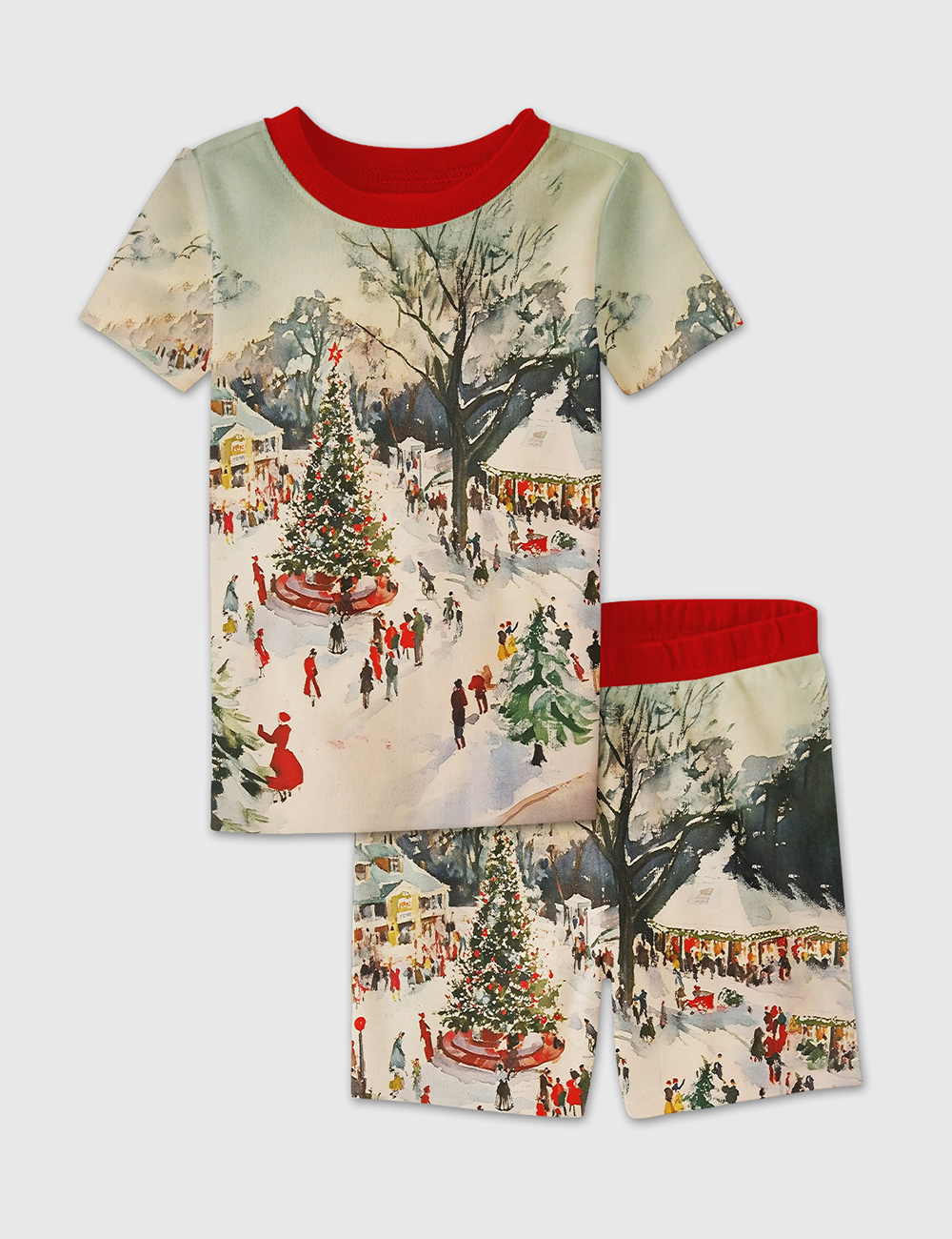 Kid's Winter Town Square Art Print Festive Christmas Scene Short Sleeve Pajama Set