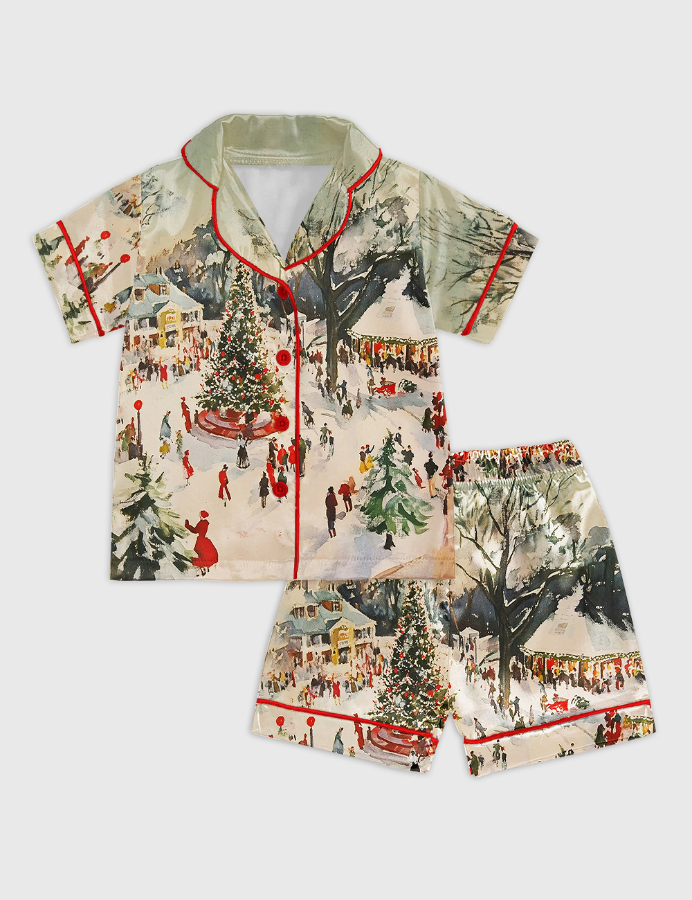Kid's Winter Town Square Art Print Festive Christmas Scene Short Sleeve Satin Pajama Set