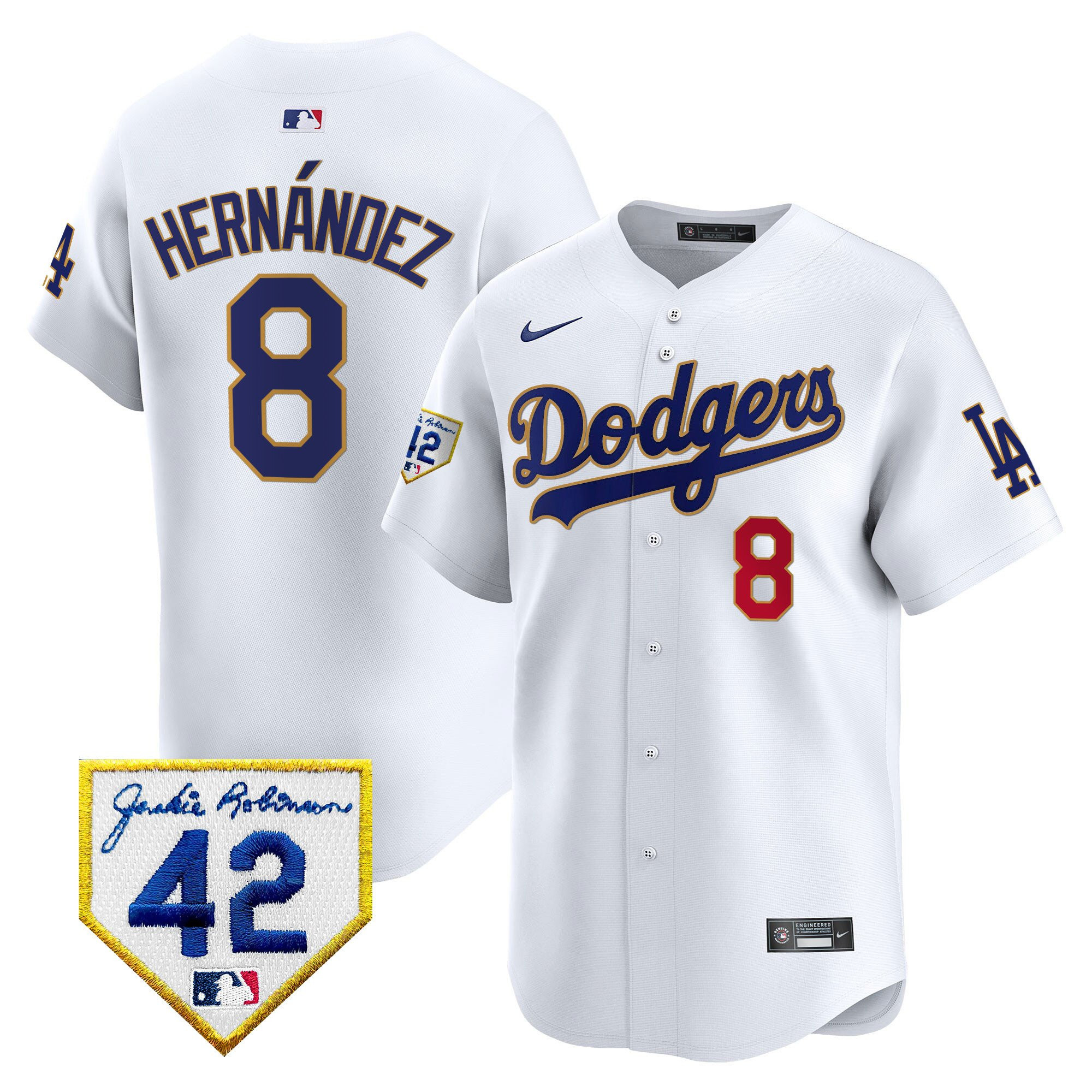 Kike Hernandez 8 Los Angeles Dodgers 2024 Jackie Robinson Patch Men Jersey - White 