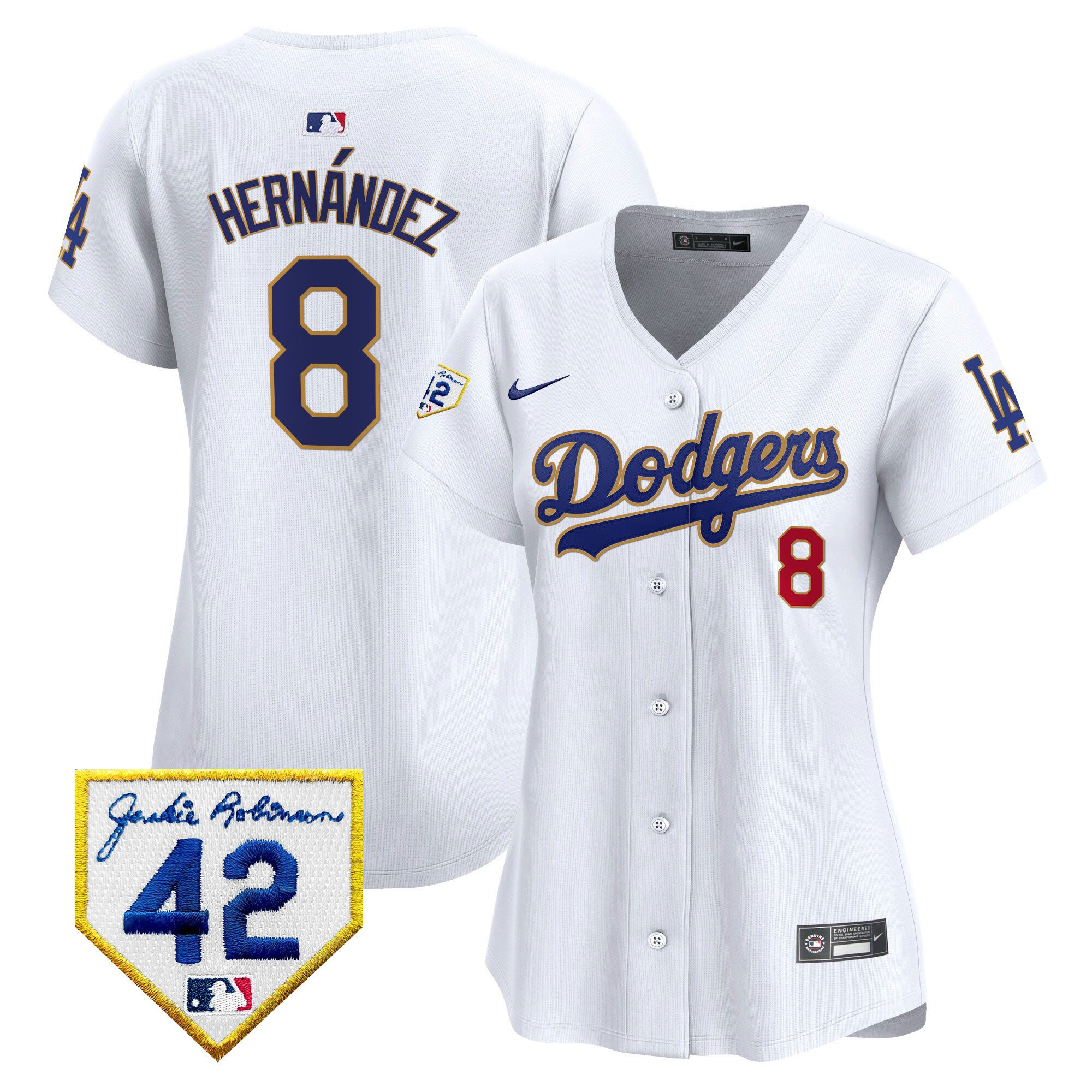 Kike Hernandez 8 Los Angeles Dodgers 2024 Jackie Robinson Patch Women Jersey - White 