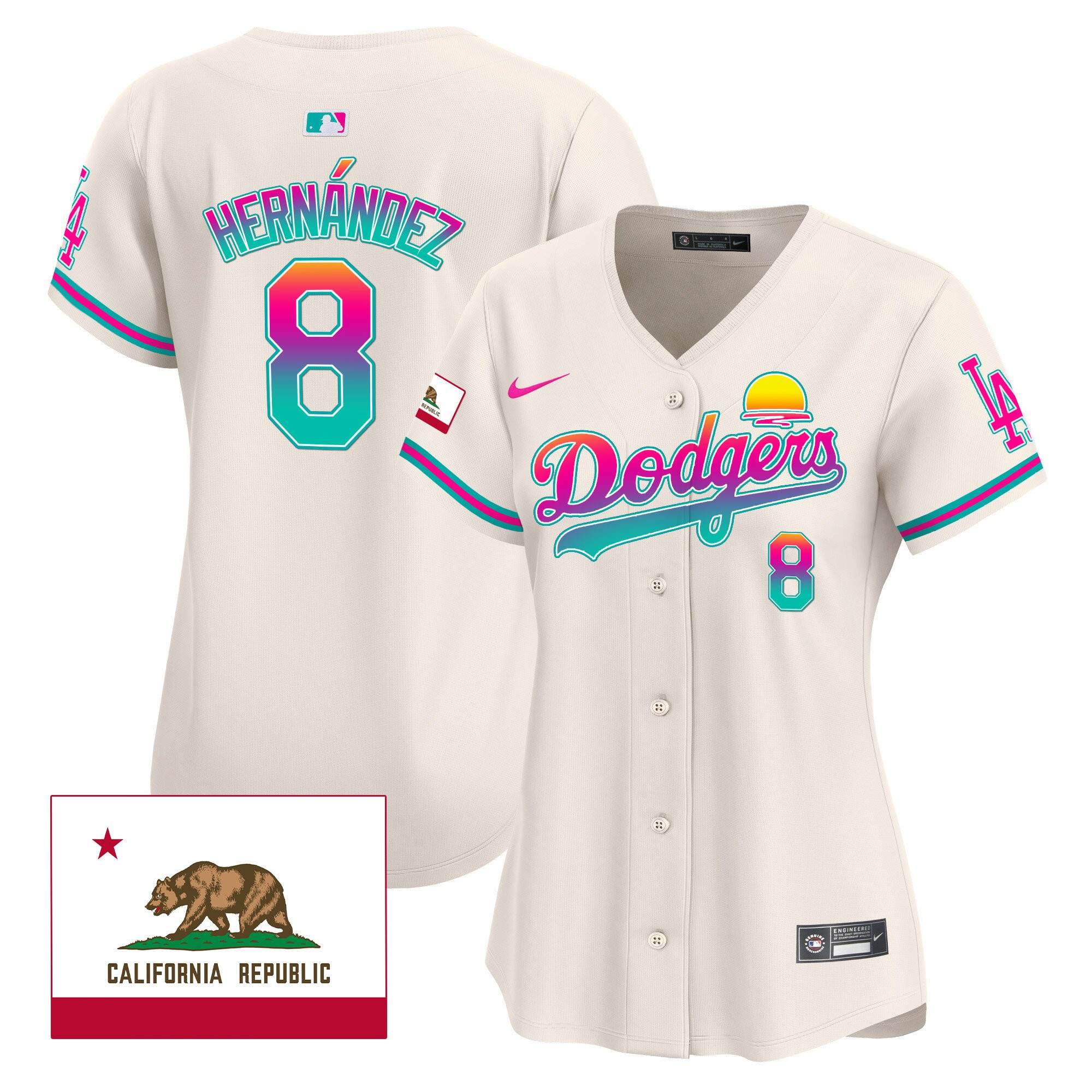 Kike Hernandez 8 Los Angeles Dodgers 2024 Los Angeles City Style California Republic Patch Women Jersey - Cream 