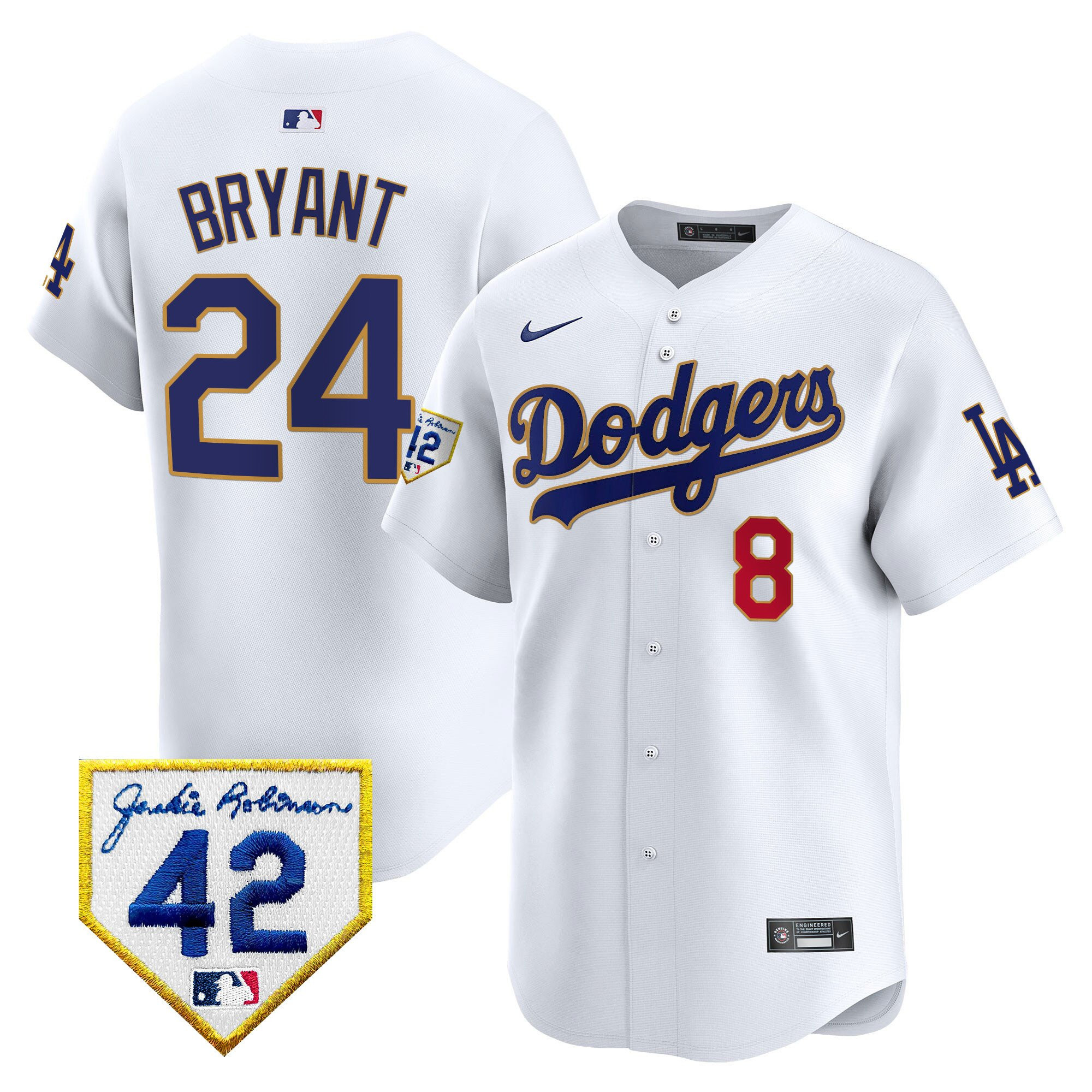 Kobe Bryant 24 Los Angeles Dodgers 2024 Jackie Robinson Patch Men Jersey - White 