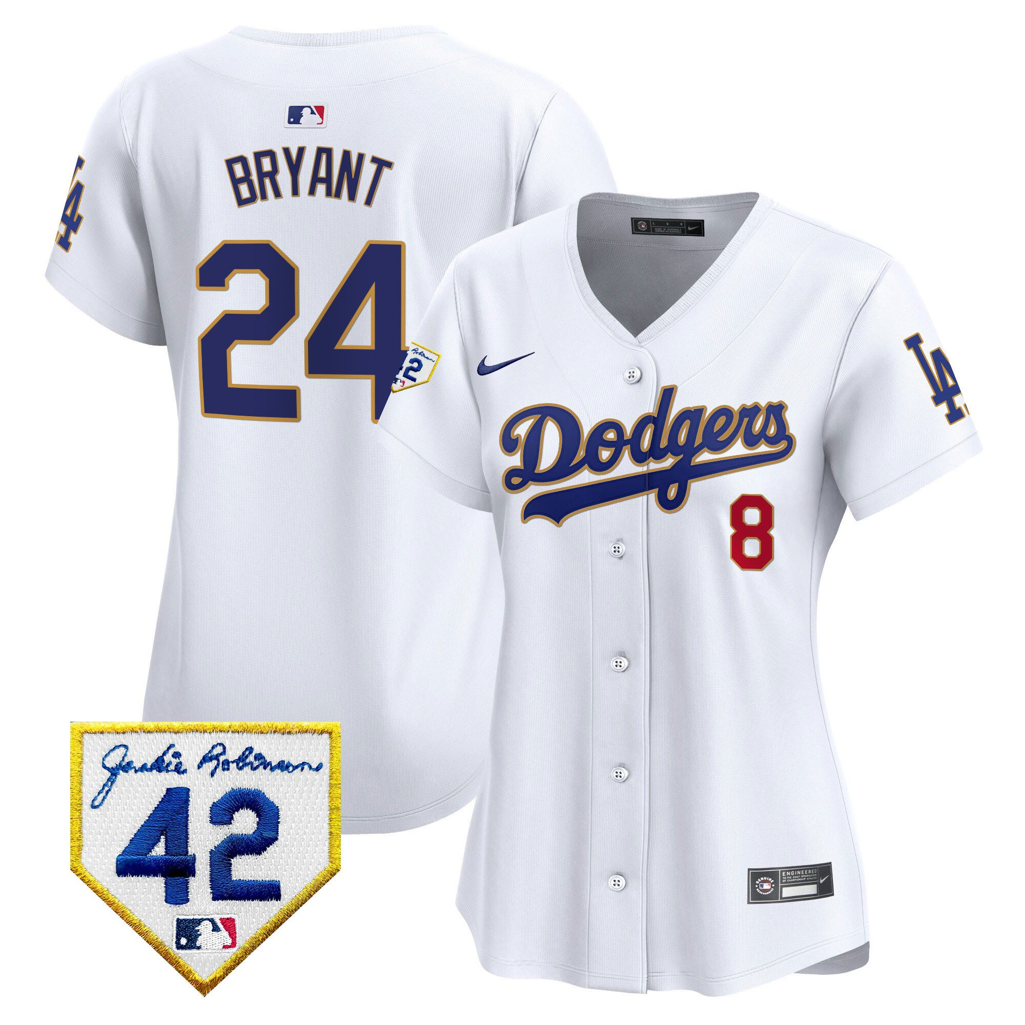 Kobe Bryant 24 Los Angeles Dodgers 2024 Jackie Robinson Patch Women Jersey - White 