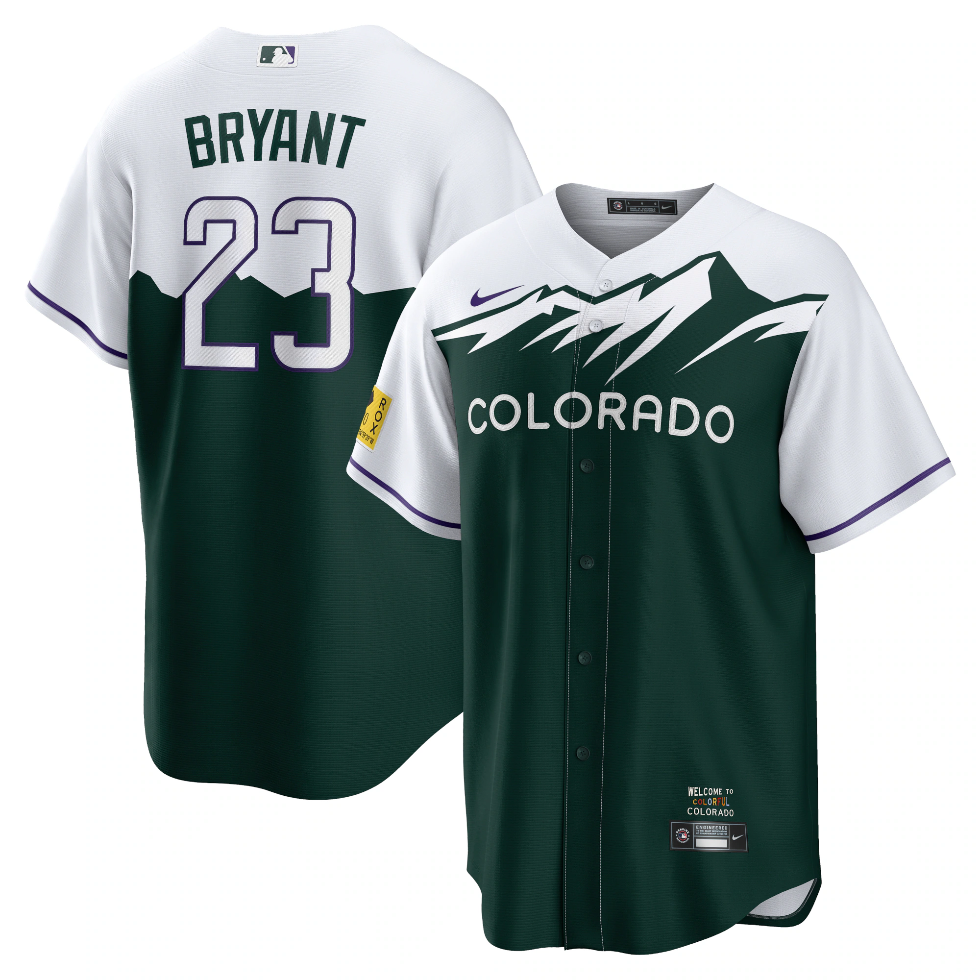 Alternative view of Kris Bryant Colorado Rockies City Connect Replica Player Jersey – White/forest Green
