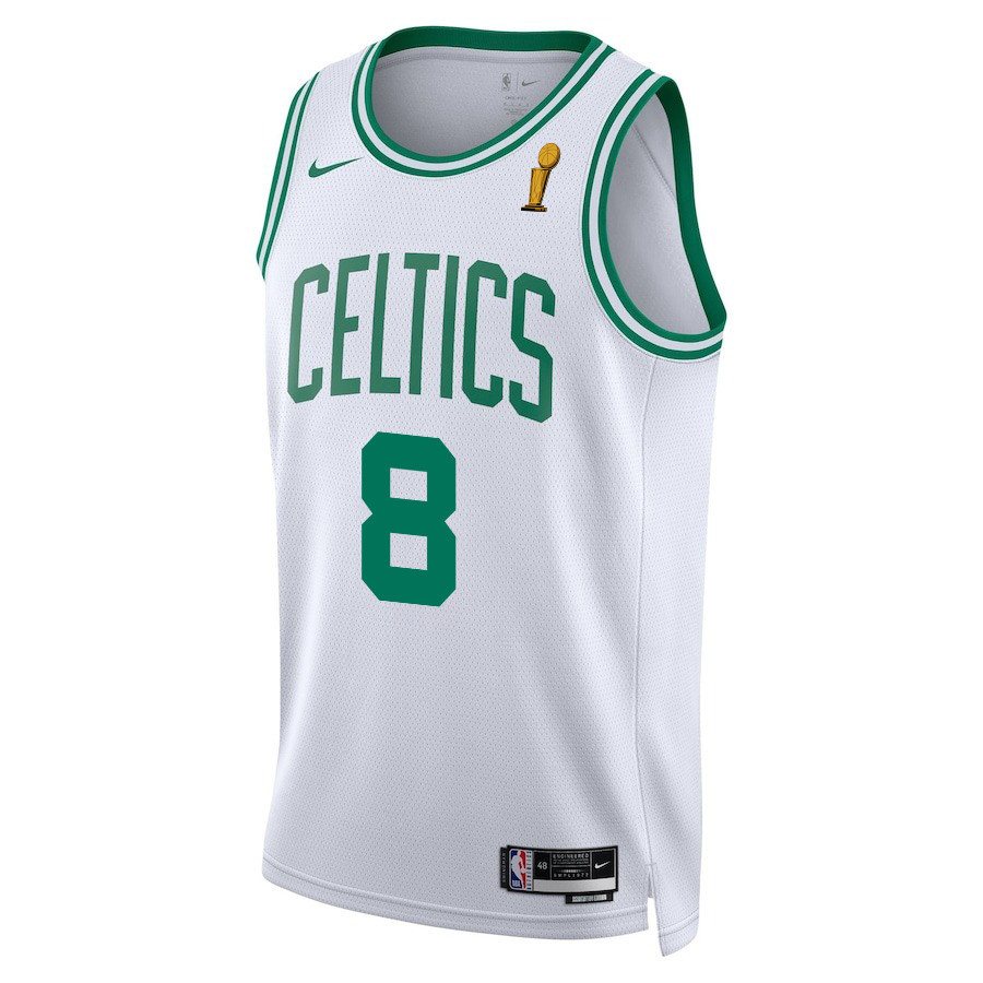 Alternative view of Kristaps Porzingis 8 Boston Celtics 2024 FINALS CHAMPIONS Swingman Jersey - Association Edition - White - JS819