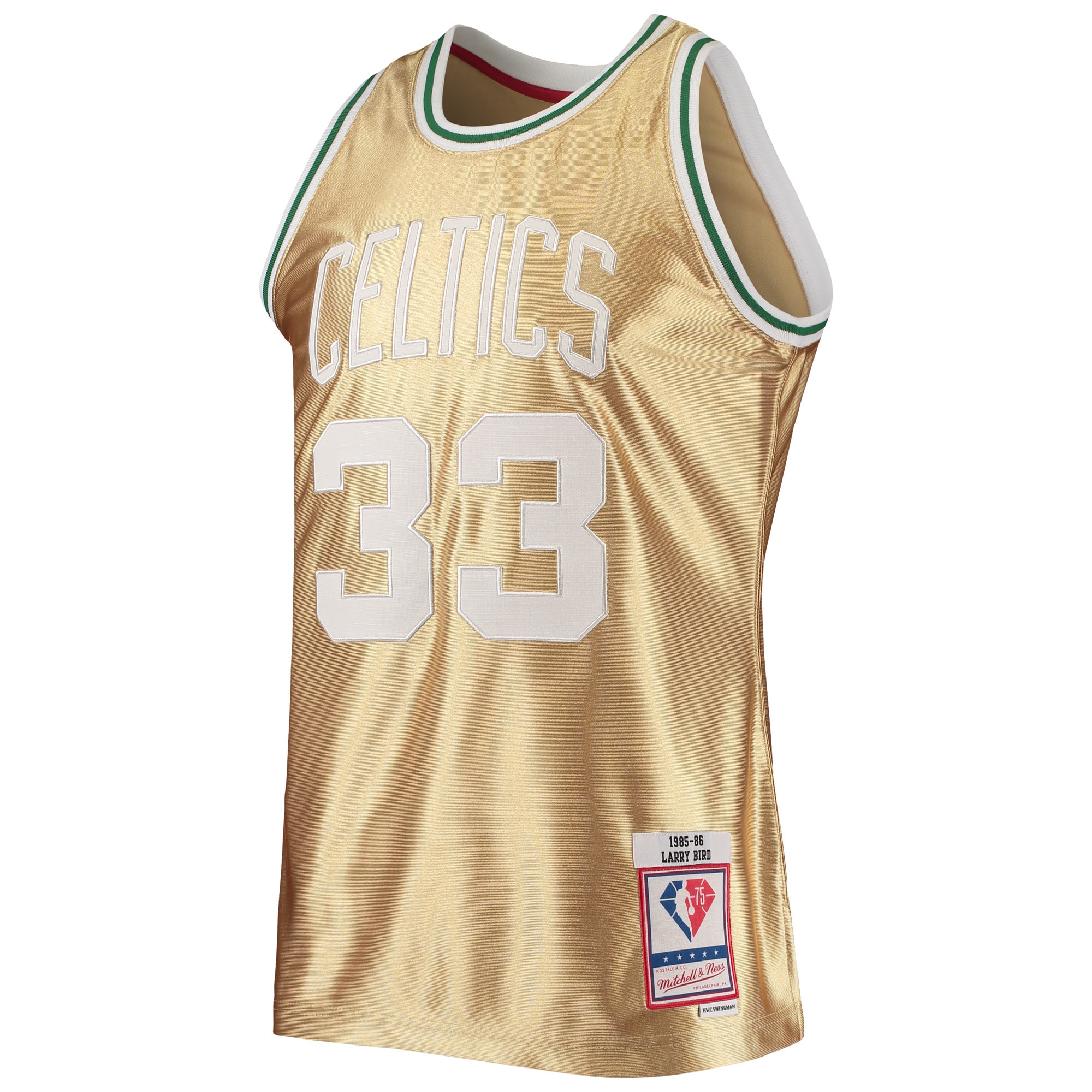 Alternative view of Larry Bird Boston Celtics Mitchell & Ness 75th Anniversary 1985/86 Hardwood Classics Swingman Jersey - Gold