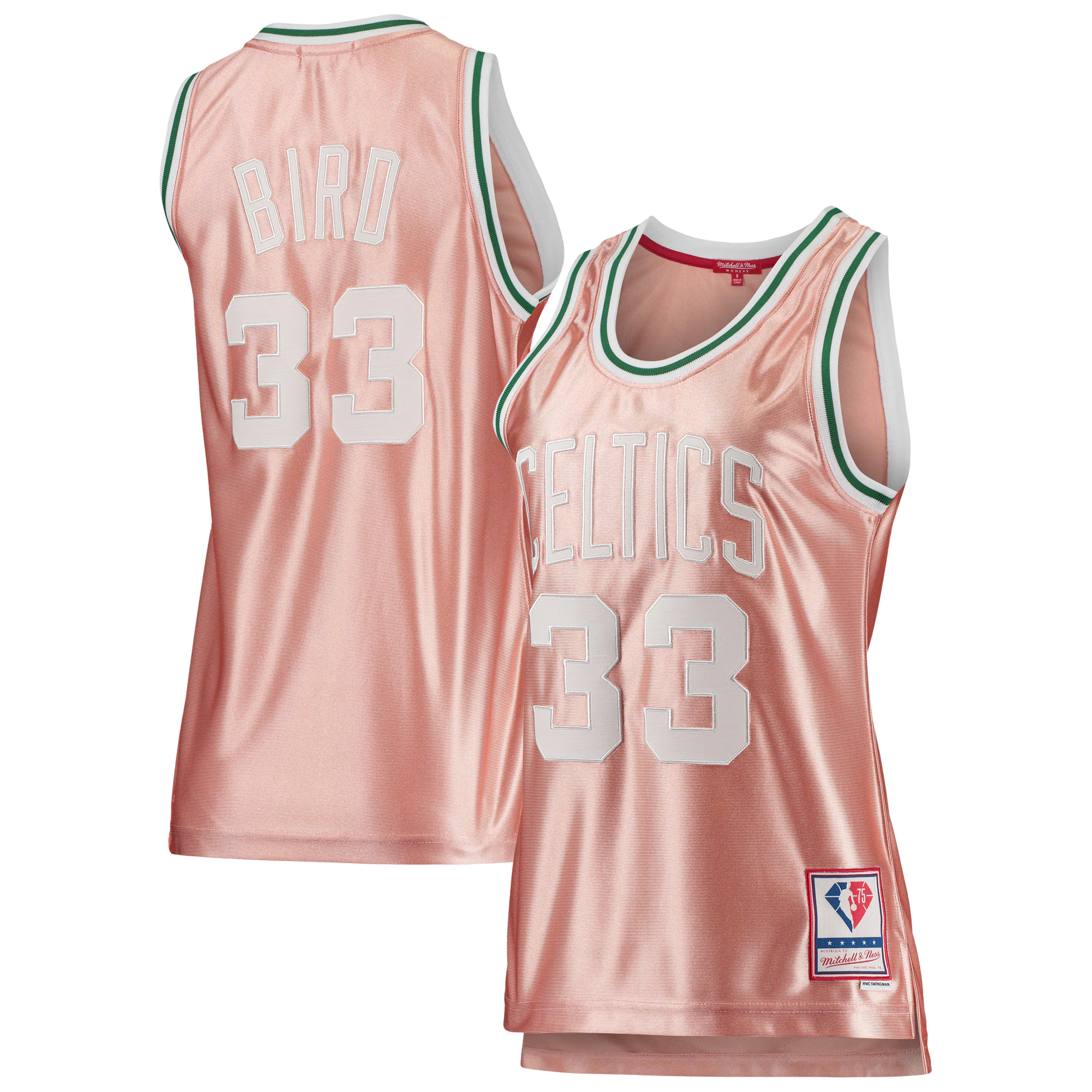 Larry Bird Boston Celtics Mitchell & Ness Women's 75th Anniversary Rose Gold 1985 Swingman Jersey - Pink