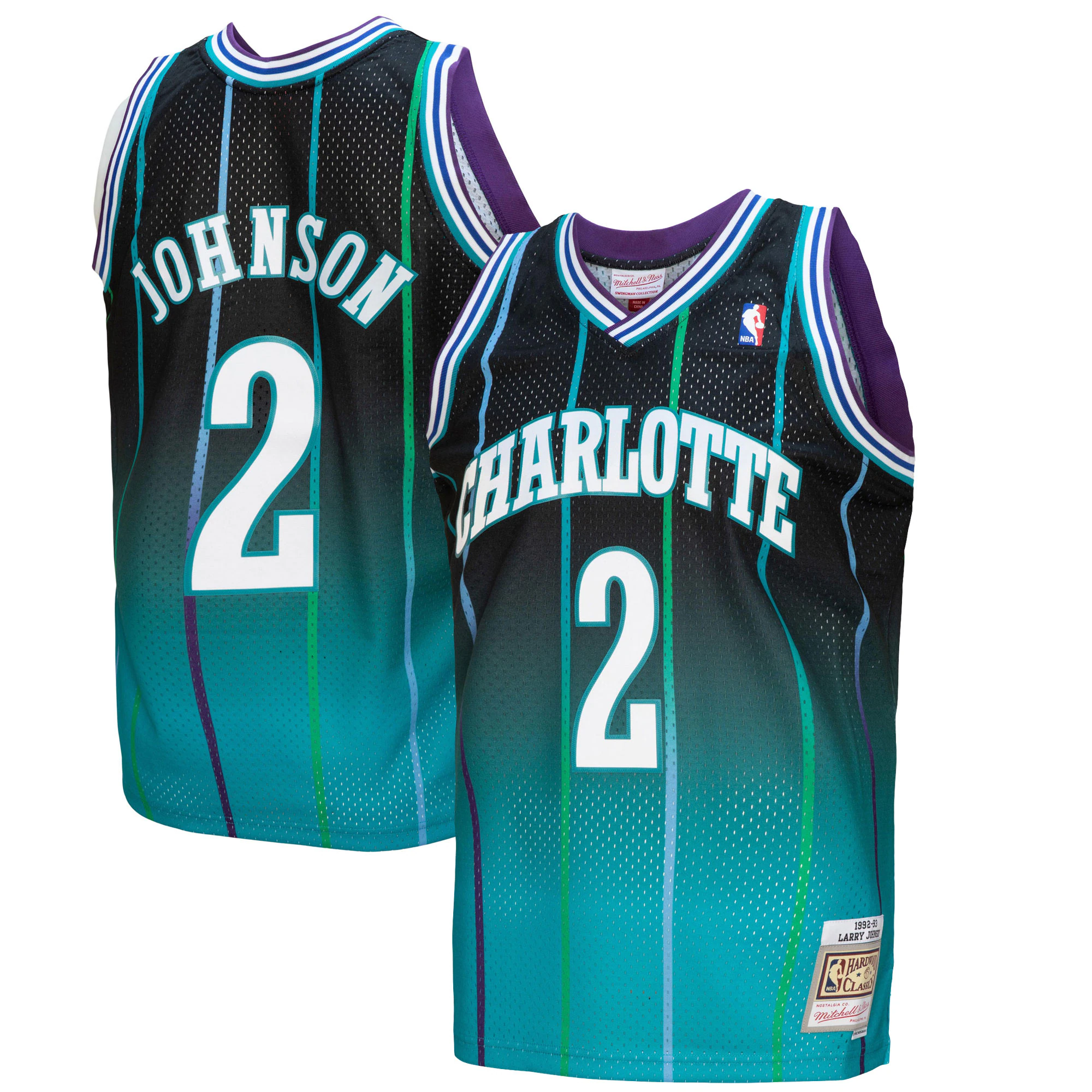 Alternative view of Larry Johnson Charlotte Hornets Mitchell & Ness 1992/93 Hardwood Classics Fadeaway Swingman Player Jersey - Teal/black