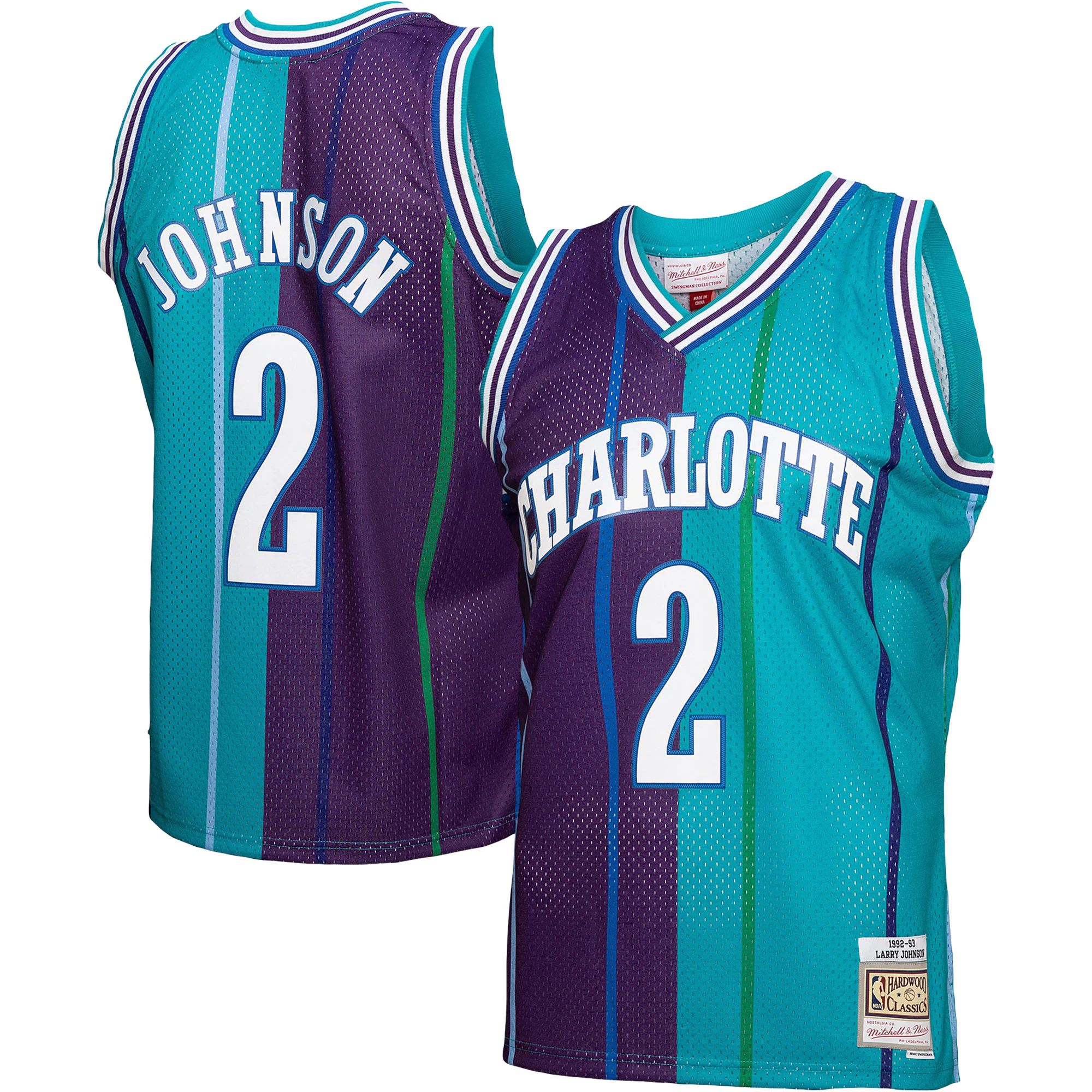 Larry Johnson Charlotte Hornets Mitchell & Ness Hardwood Classics 1992/93 Split Swingman Jersey - Teal/purple