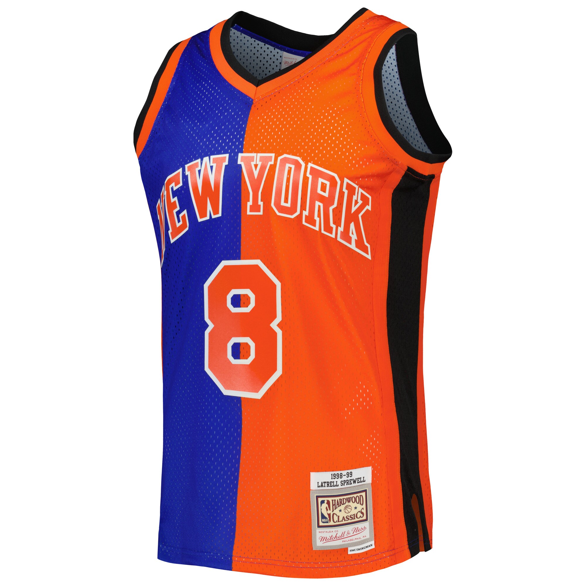 Alternative view of Latrell Sprewell New York Knicks Mitchell & Ness Hardwood Classics 1998/99 Split Swingman Jersey - Blue/orange