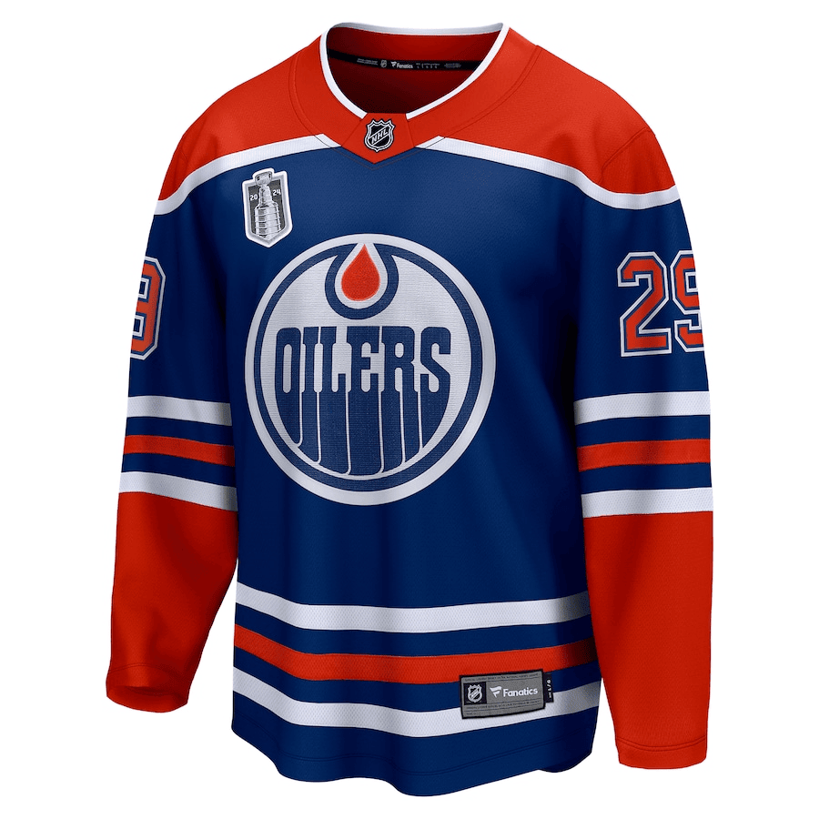 Alternative view of Leon Draisaitl 29 Edmonton Oilers 2024 Stanley Cup Final Home Breakaway Player Jersey - Royal - JS422 
