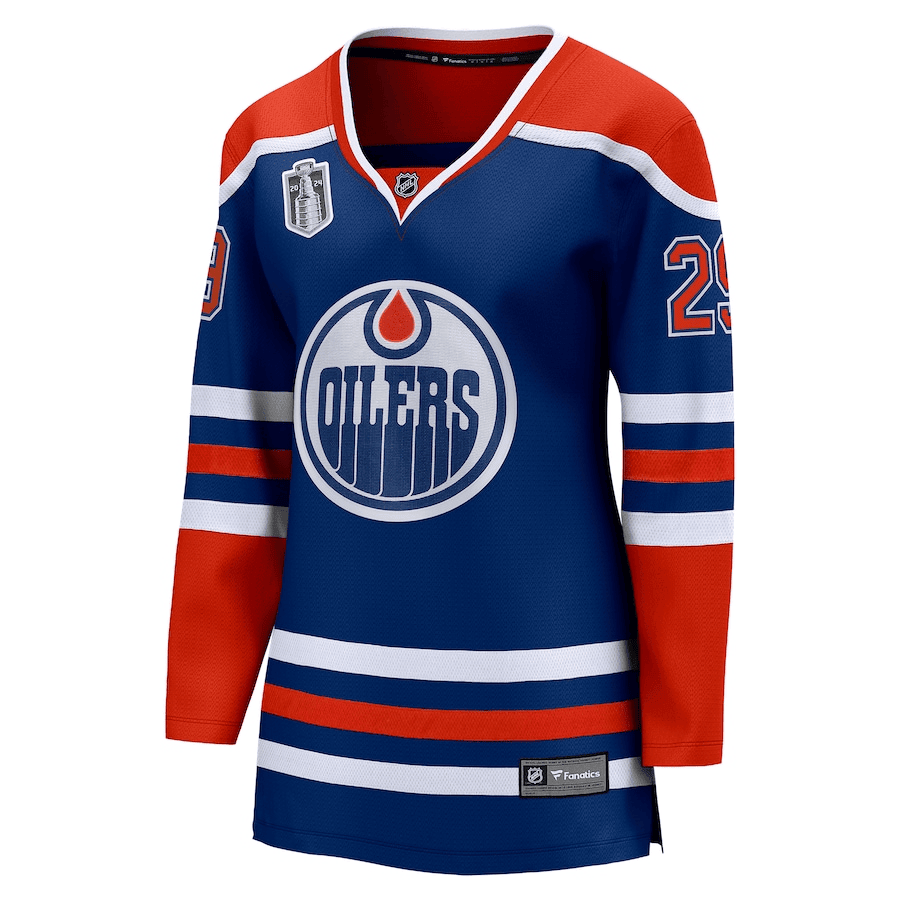 Alternative view of Leon Draisaitl 29 Edmonton Oilers 2024 Stanley Cup Final Home Breakaway Player Jersey - Royal, Women - JS573 