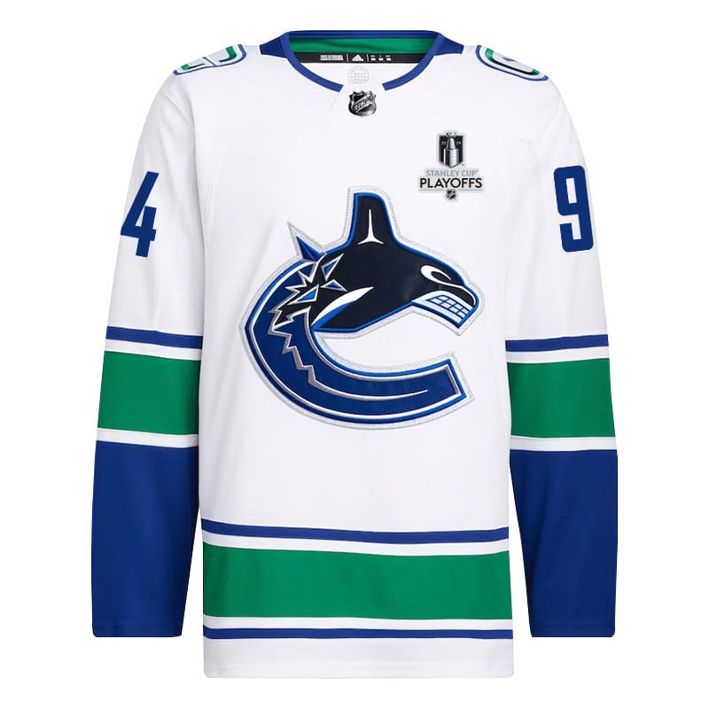 Alternative view of Linus Karlsson 94 Vancouver Canucks 2024 NHL Playoffs Patch Away Jersey - Men, White - JS291 