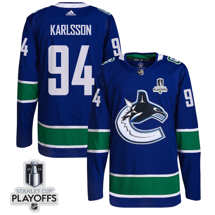 Linus Karlsson 94 Vancouver Canucks 2024 NHL Playoffs Patch Home Jersey - Men, Blue - JS281 