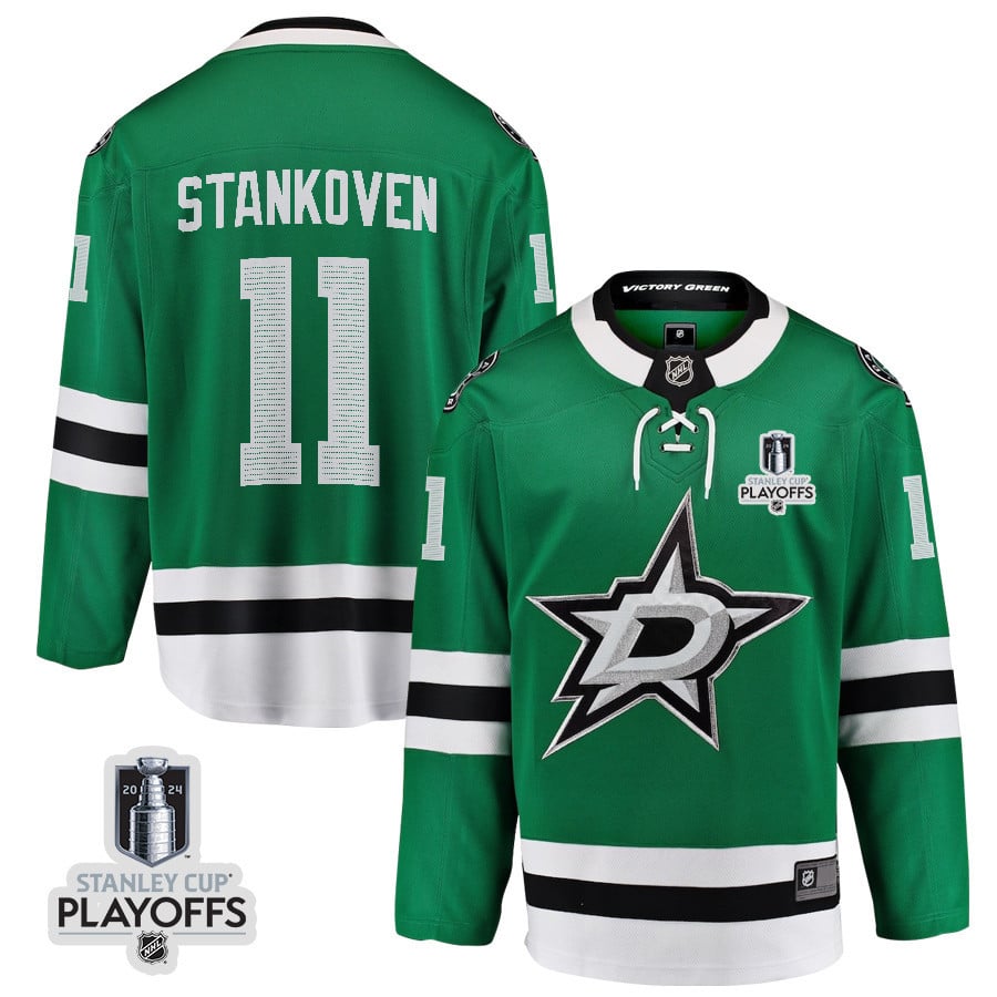 Logan Stankoven 11 Dallas Stars 2024 NHL Playoffs Patch Home Jersey - Men, Green - JS687 