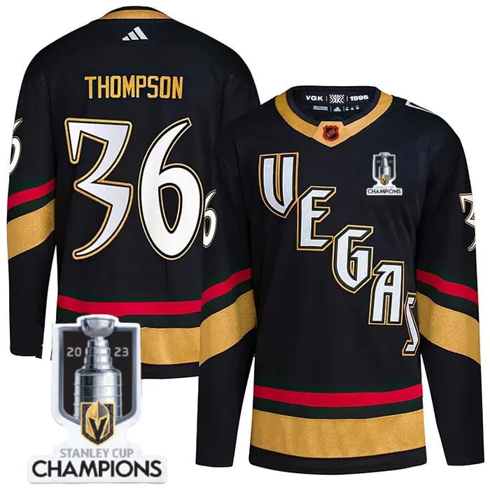 Logan Thompson 33 Vegas Golden Knights 2023 Stanley Cup Champions Patch Special Edition 2.0 Breakaway Jersey - Black - JS458 
